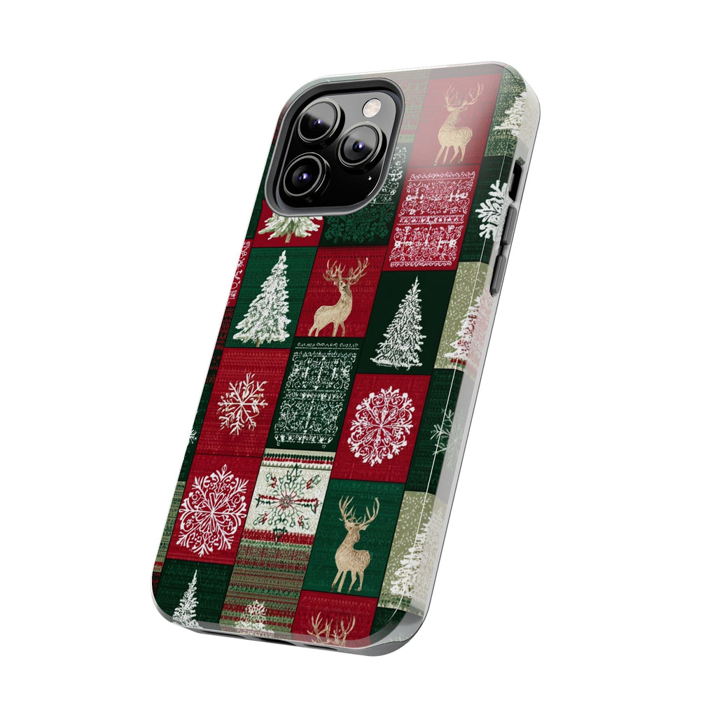 Festive Deer Pattern Phone Case — Red & Green Plaid with Snowflakes