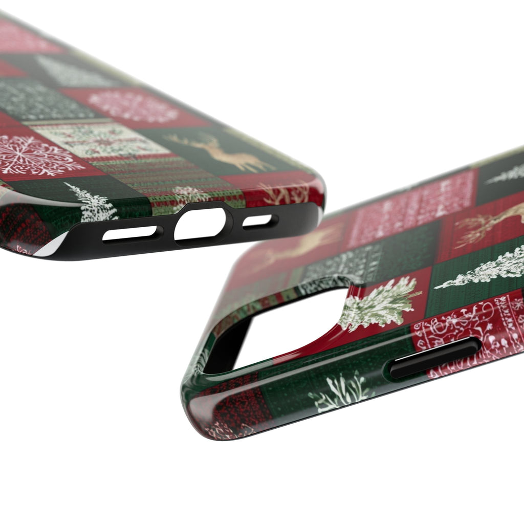 Festive Deer Pattern Phone Case — Red & Green Plaid with Snowflakes