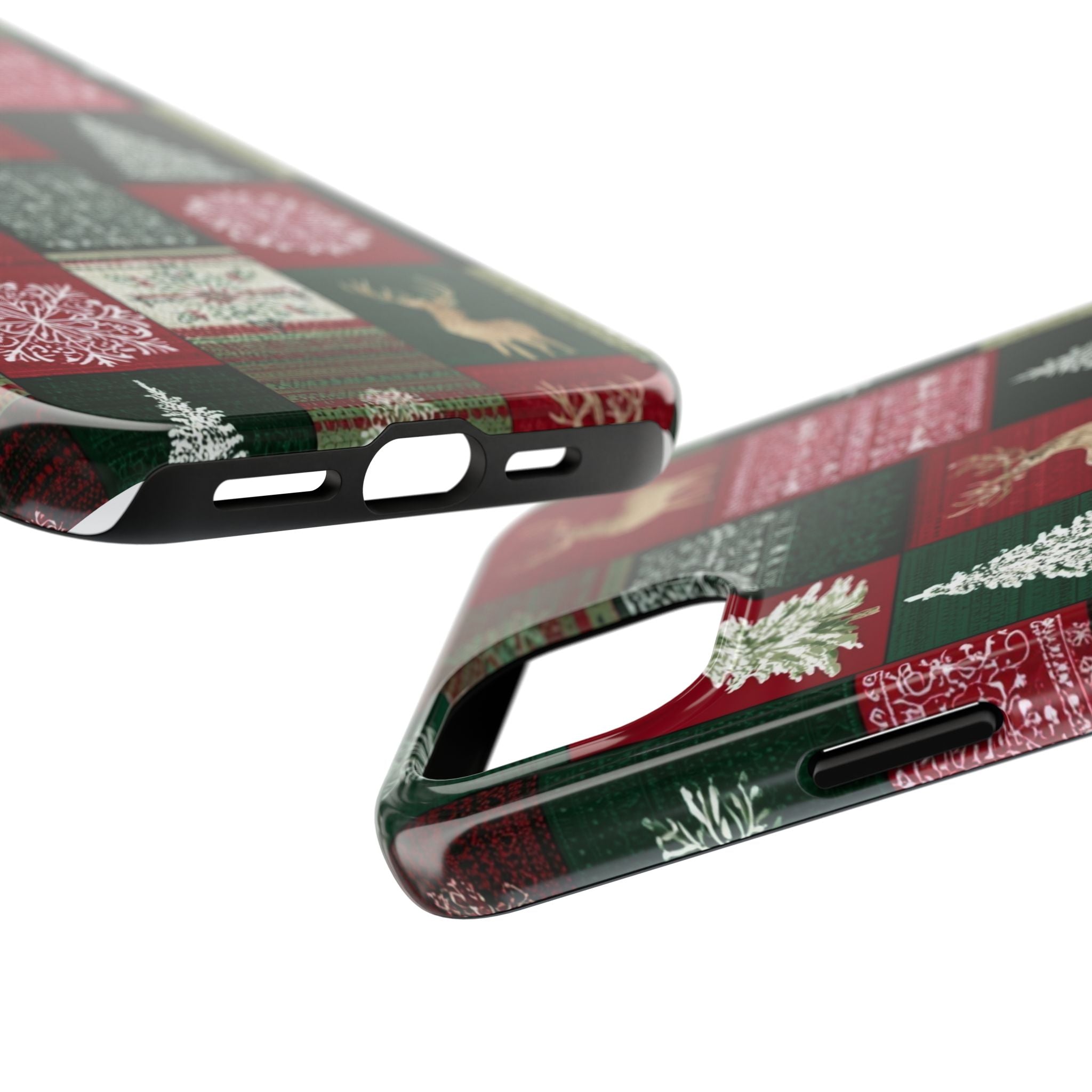 Festive Deer Pattern Phone Case — Red & Green Plaid with Snowflakes