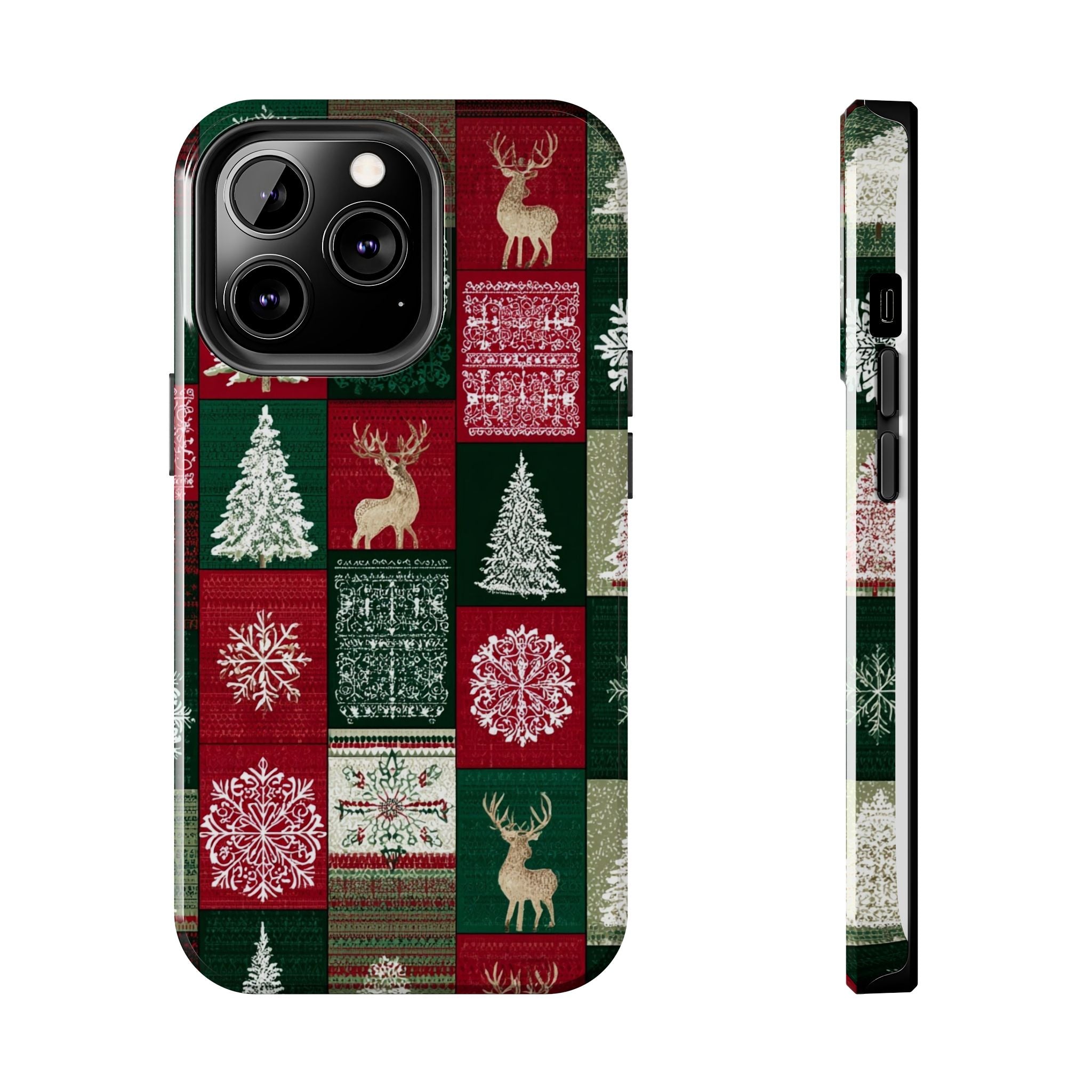 Festive Deer Pattern Phone Case — Red & Green Plaid with Snowflakes