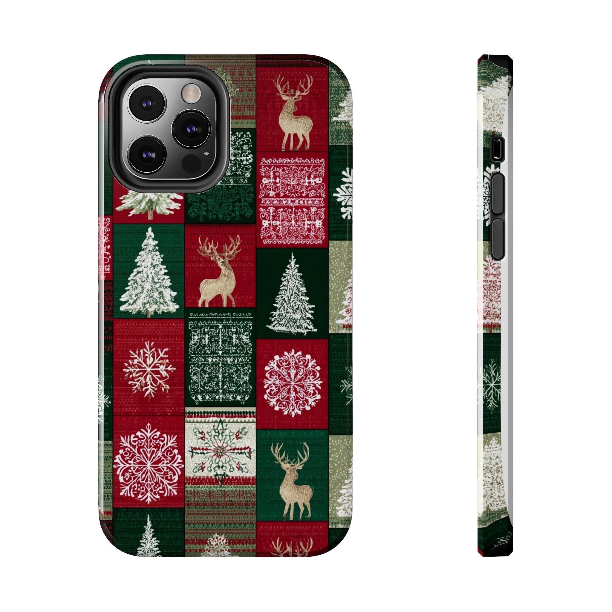 Festive Deer Pattern Phone Case — Red & Green Plaid with Snowflakes