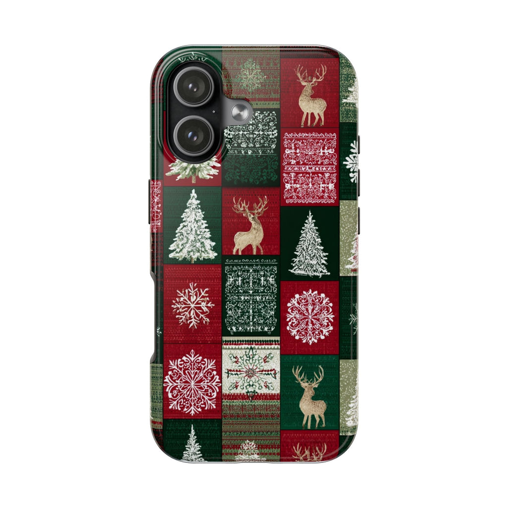 Festive Deer Pattern Phone Case — Red & Green Plaid with Snowflakes