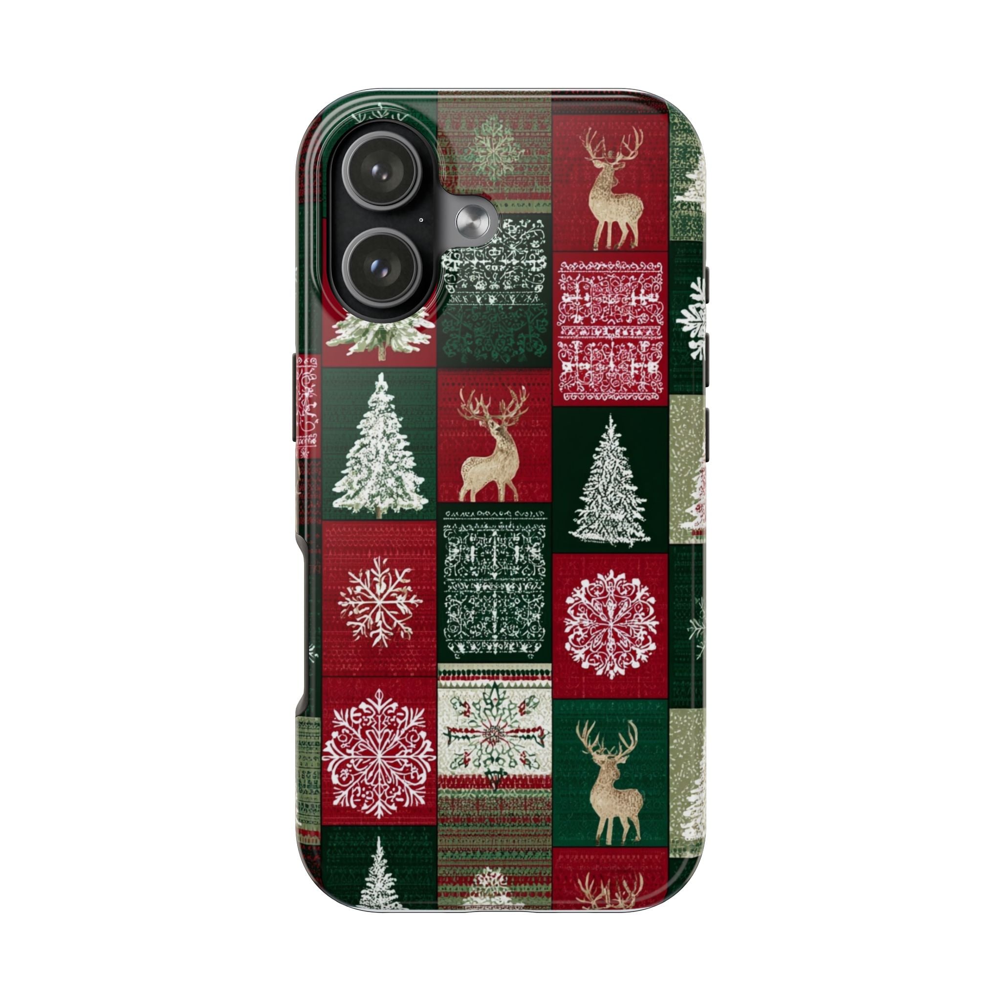 Festive Deer Pattern Phone Case — Red & Green Plaid with Snowflakes