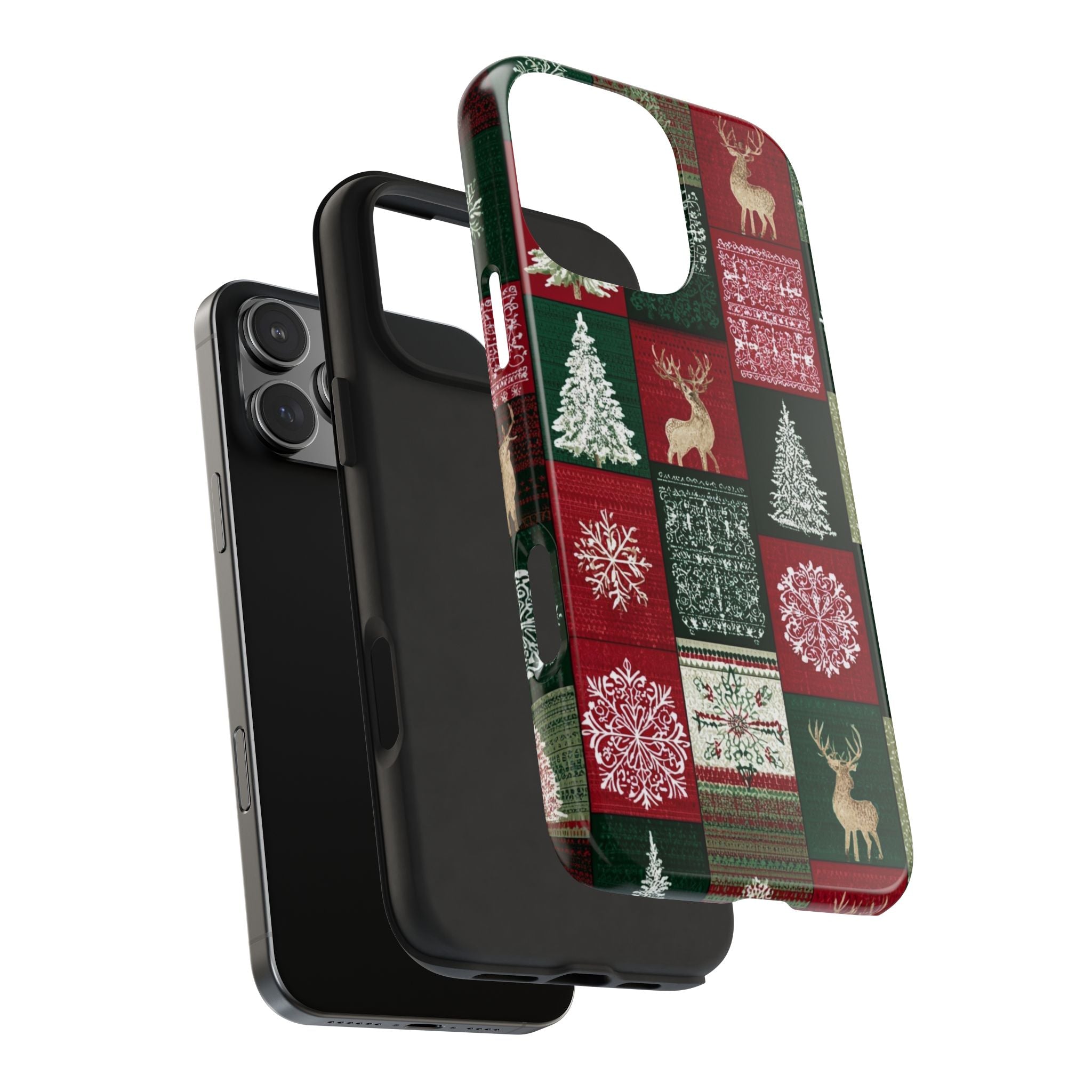 Festive Deer Pattern Phone Case — Red & Green Plaid with Snowflakes