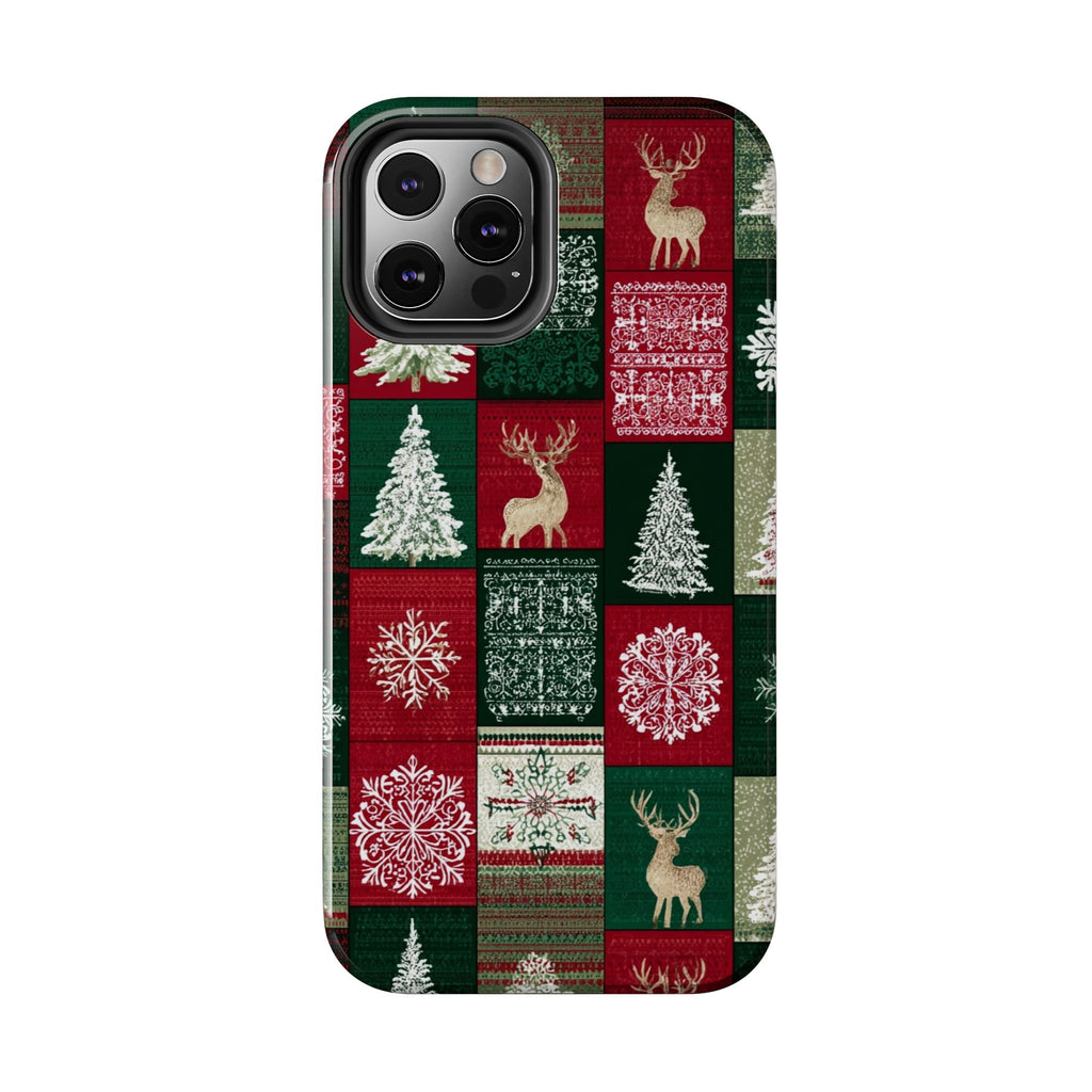 Festive Deer Pattern Phone Case — Red & Green Plaid with Snowflakes
