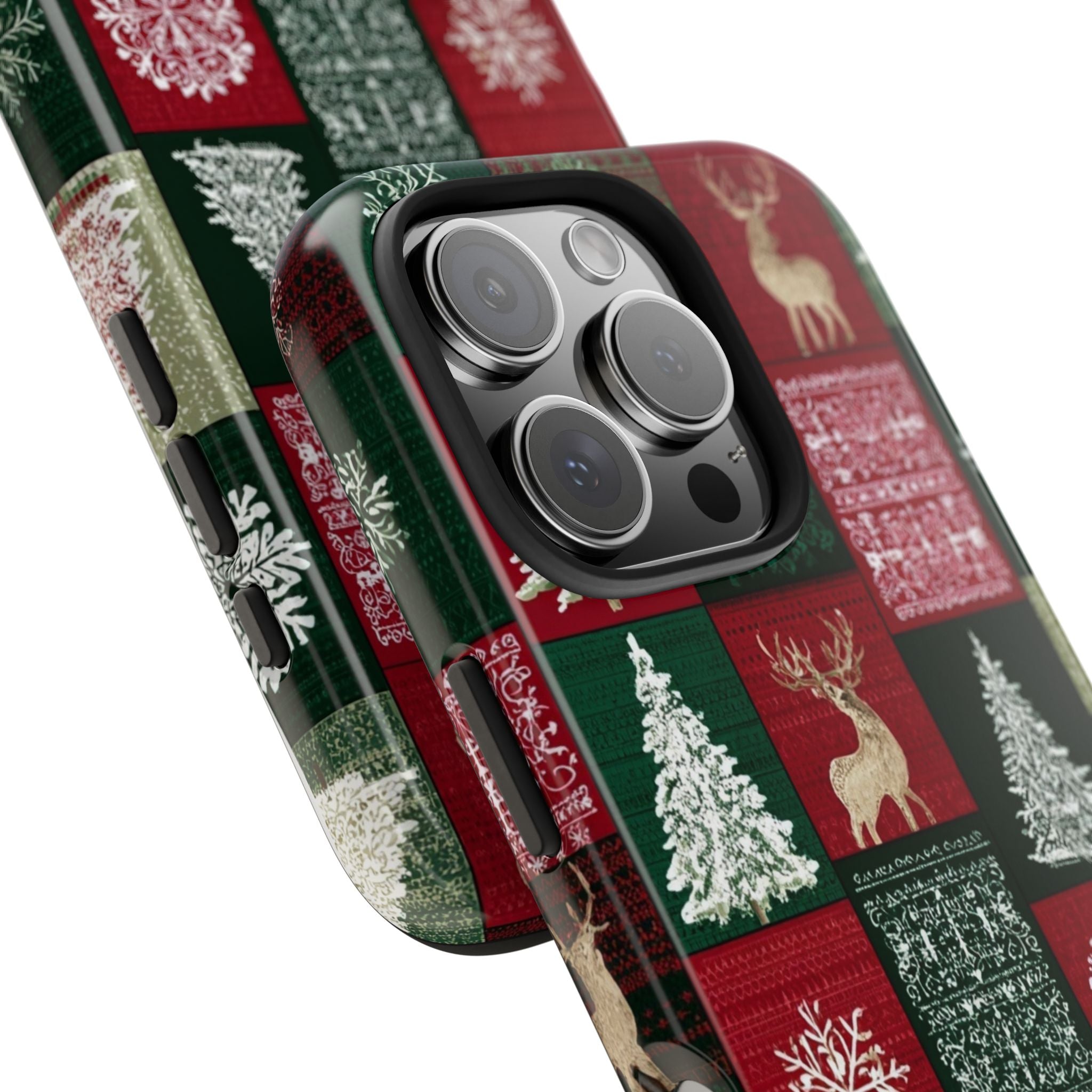 Festive Deer Pattern Phone Case — Red & Green Plaid with Snowflakes