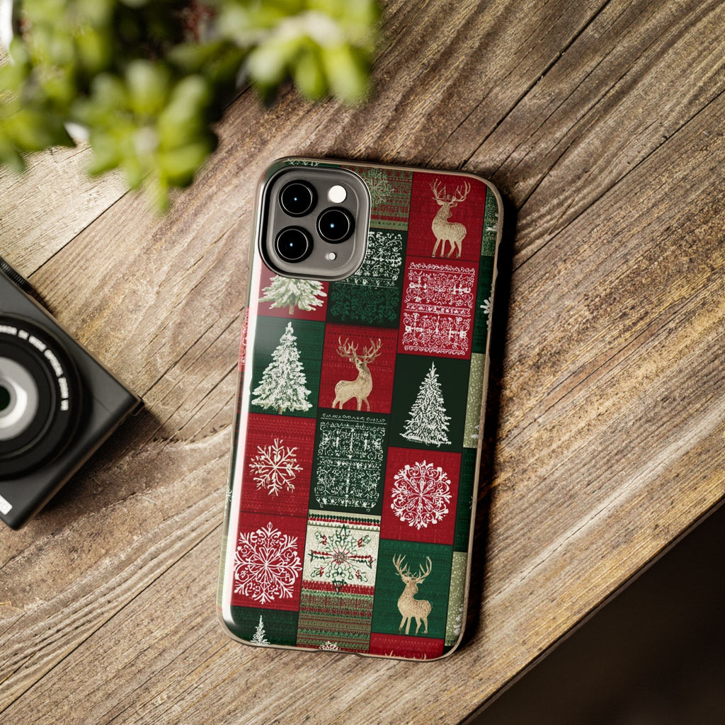 Festive Deer Pattern Phone Case — Red & Green Plaid with Snowflakes
