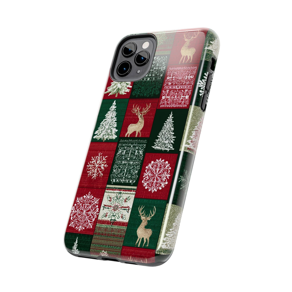 Festive Deer Pattern Phone Case — Red & Green Plaid with Snowflakes
