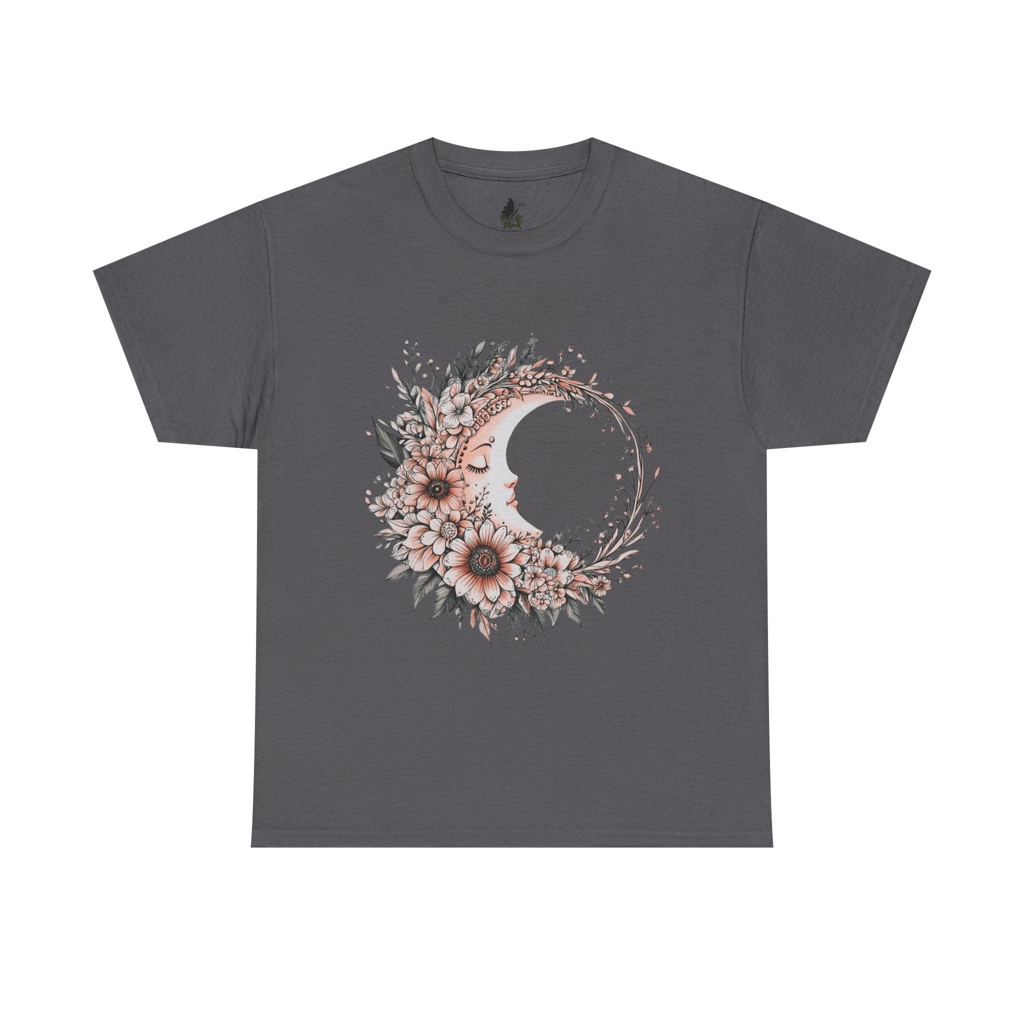 Boho Moon Floral Tee — Pink Moon with Flowers & Leaves