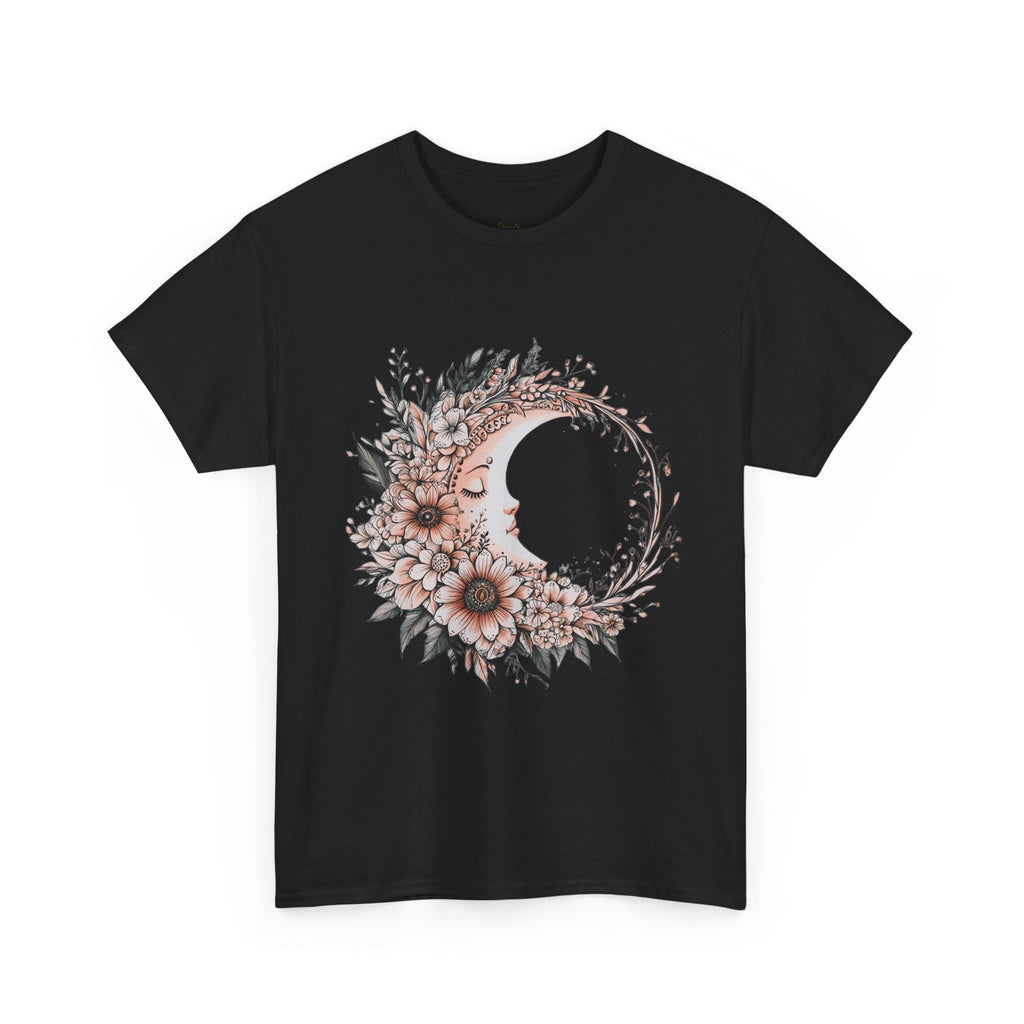 Boho Moon Floral Tee — Pink Moon with Flowers & Leaves