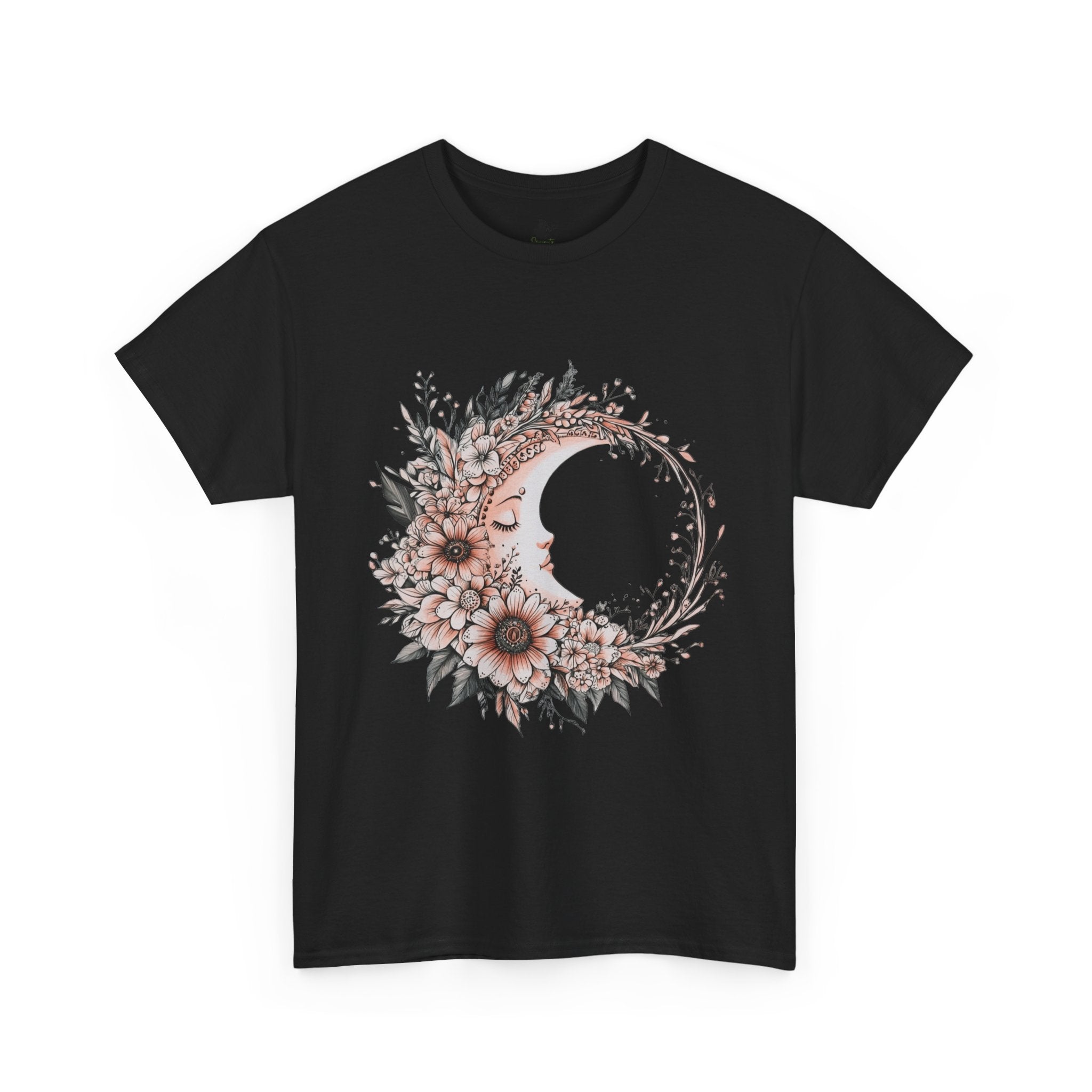 Boho Moon Floral Tee — Pink Moon with Flowers & Leaves