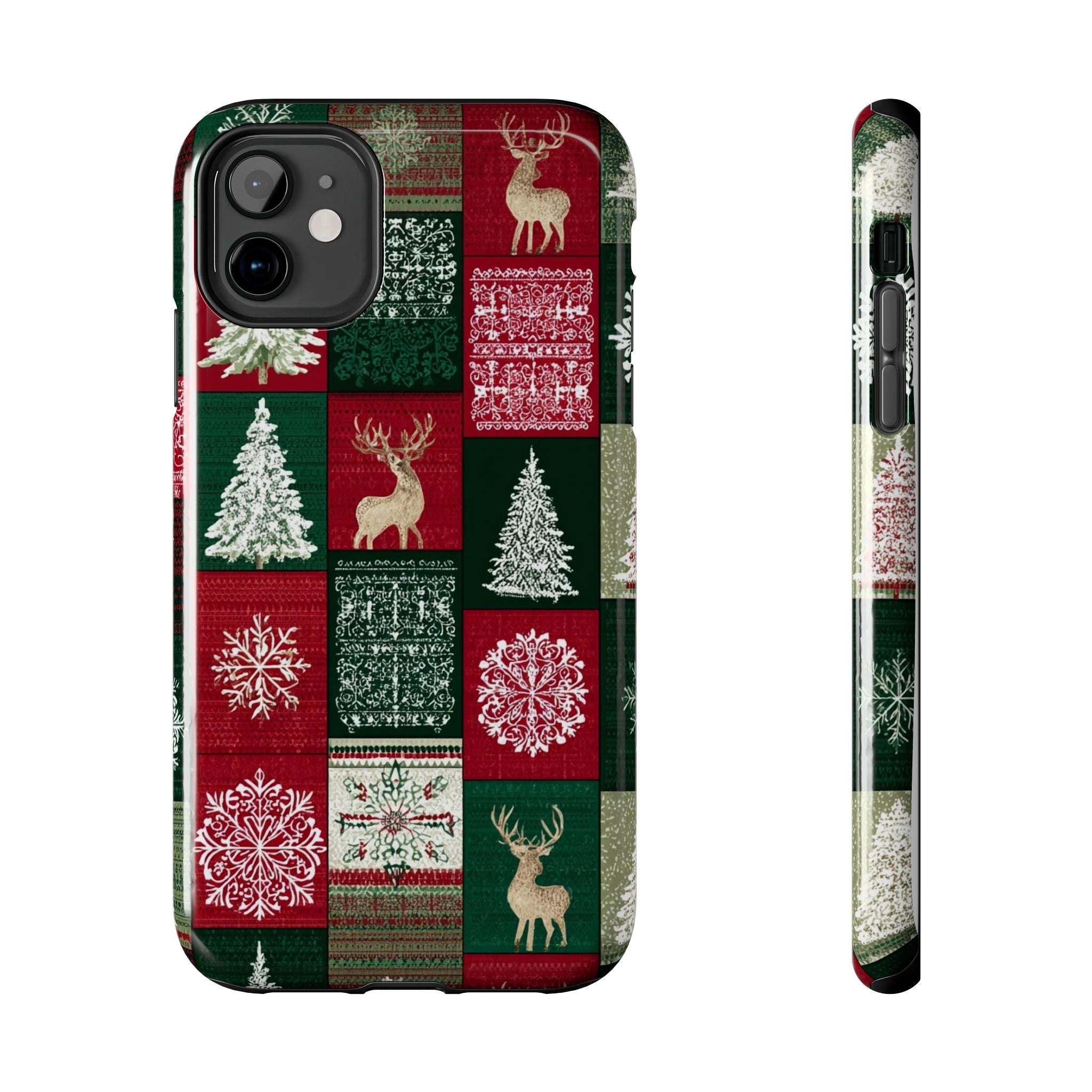 Festive Deer Pattern Phone Case — Red & Green Plaid with Snowflakes