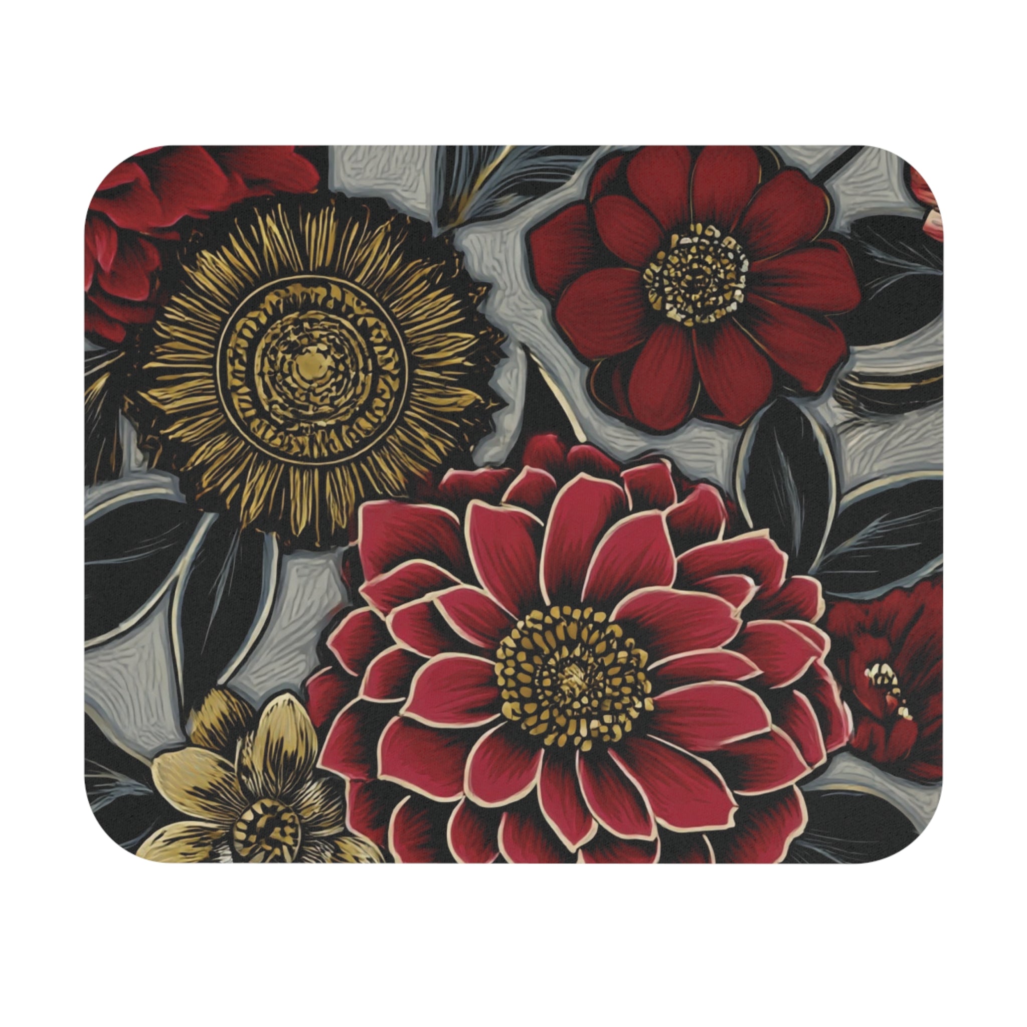 Floral Noir Gaming Mouse Pad — Red & Gold Botanical Desk Mat