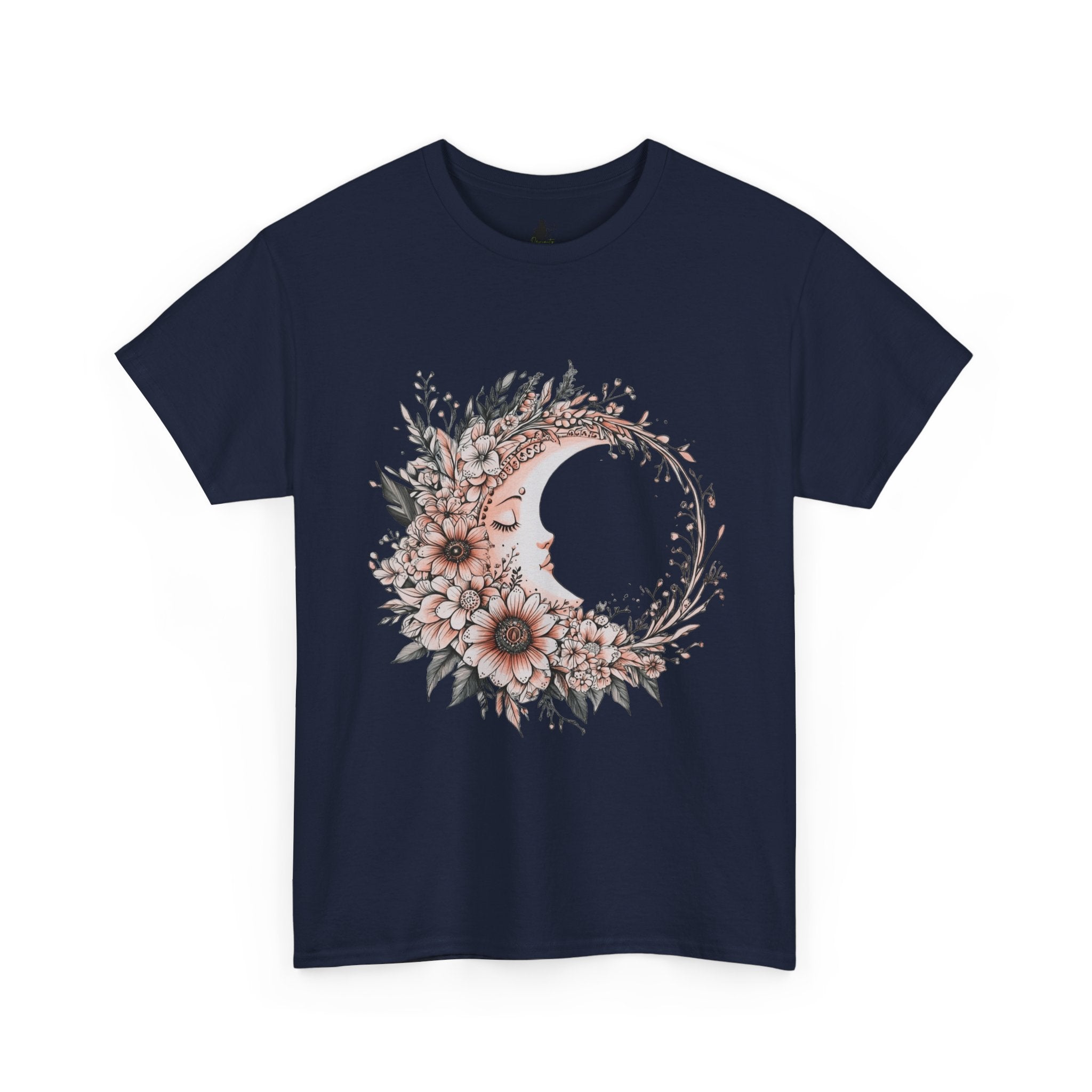 Boho Moon Floral Tee — Pink Moon with Flowers & Leaves