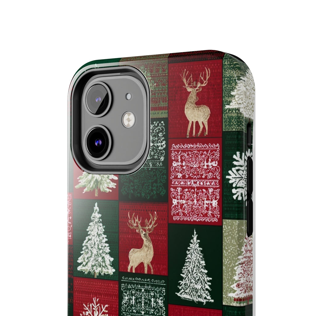 Festive Deer Pattern Phone Case — Red & Green Plaid with Snowflakes