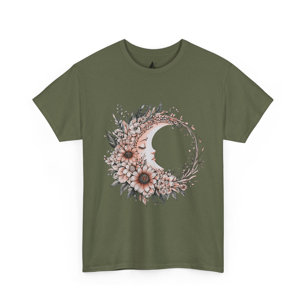 Boho Moon Floral Tee — Pink Moon with Flowers & Leaves