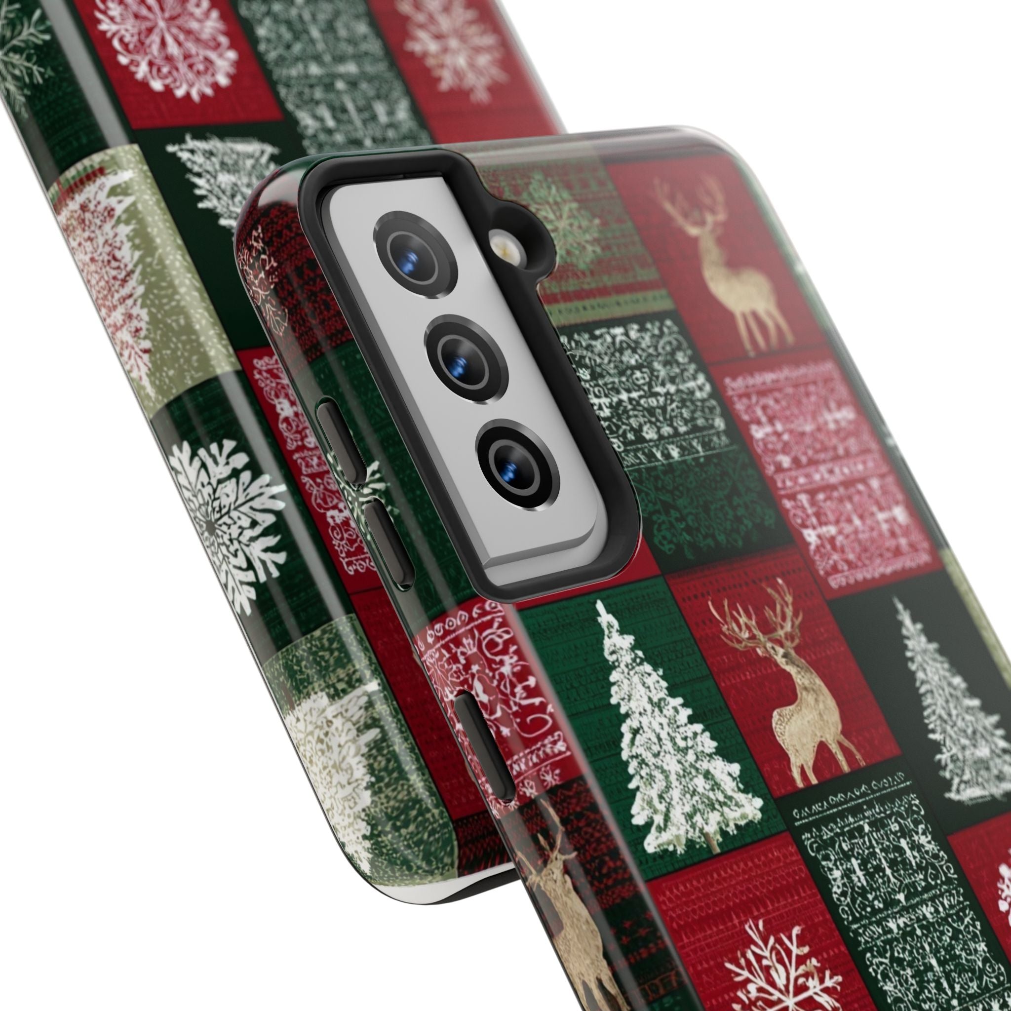 Festive Deer Pattern Phone Case — Red & Green Plaid with Snowflakes