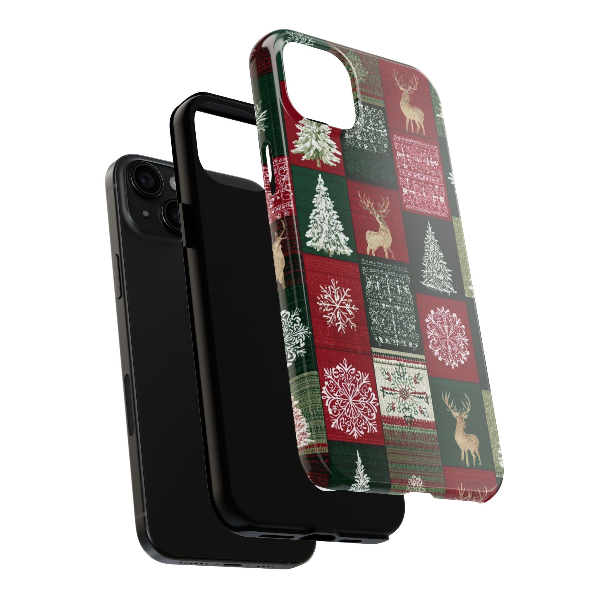 Festive Deer Pattern Phone Case — Red & Green Plaid with Snowflakes