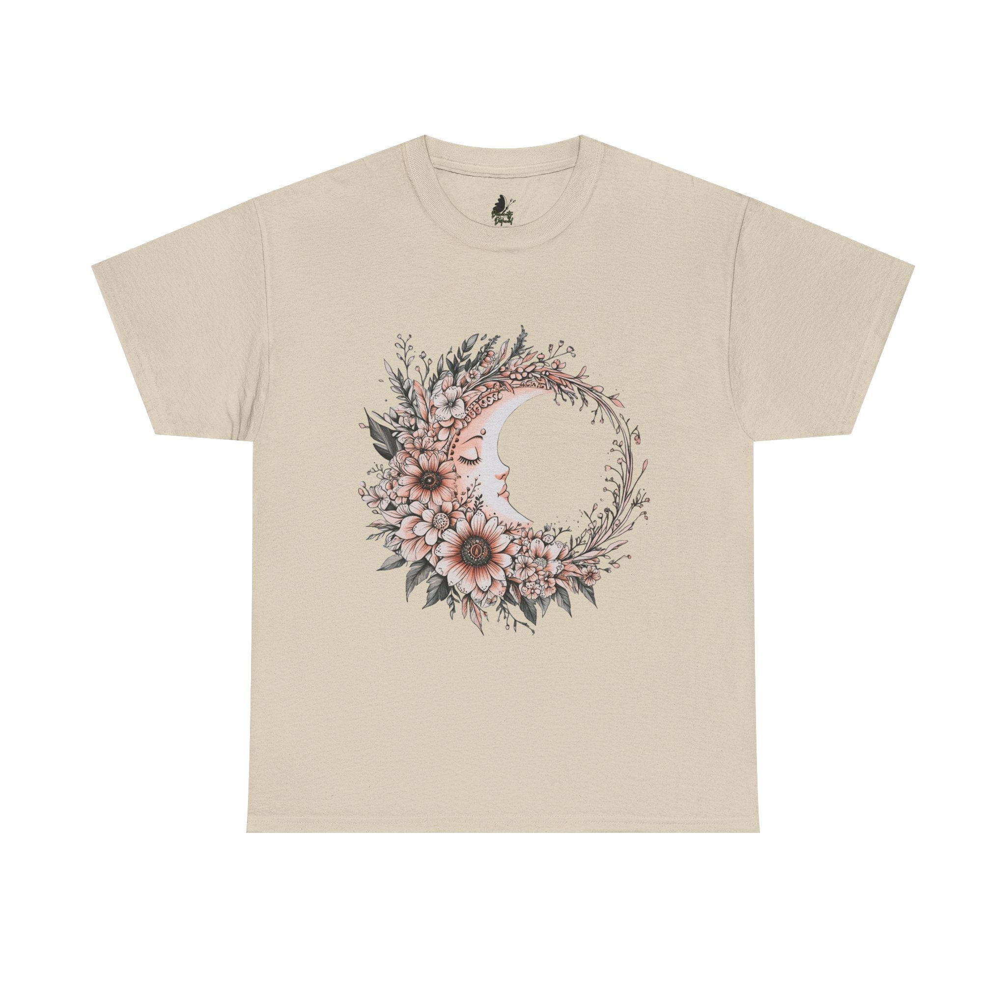 Boho Moon Floral Tee — Pink Moon with Flowers & Leaves