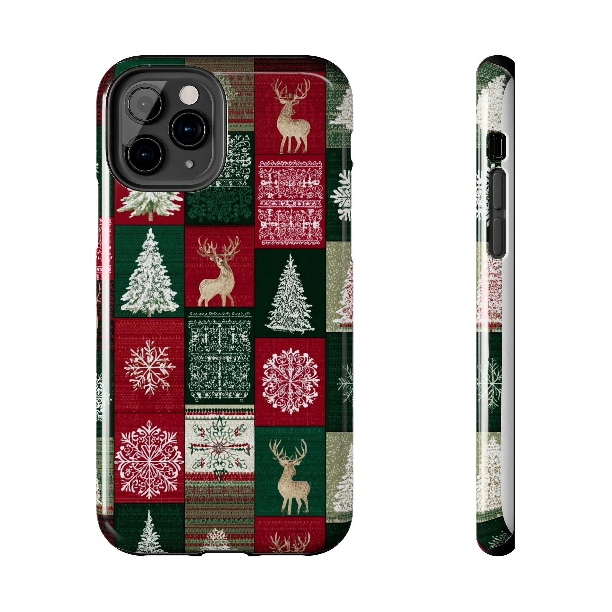 Festive Deer Pattern Phone Case — Red & Green Plaid with Snowflakes