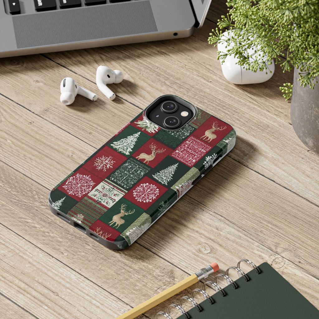Festive Deer Pattern Phone Case — Red & Green Plaid with Snowflakes