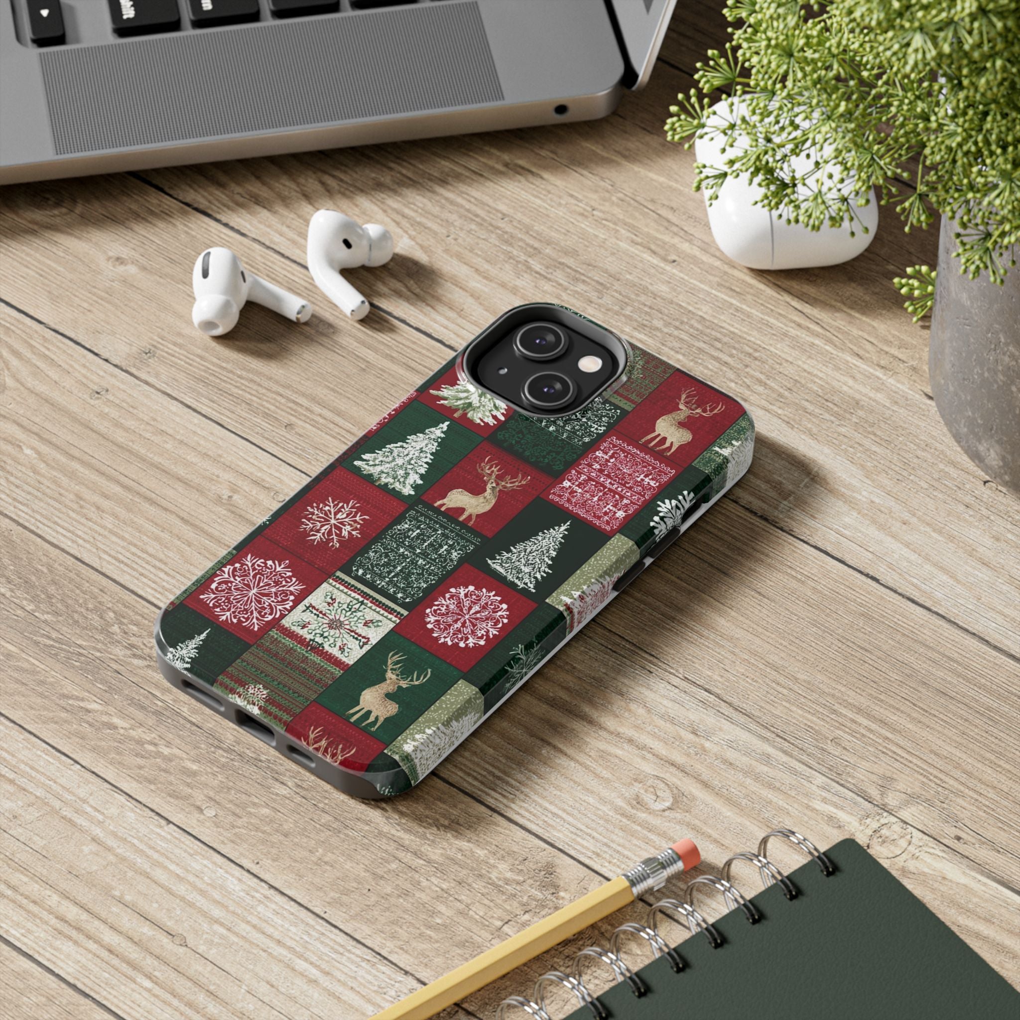 Festive Deer Pattern Phone Case — Red & Green Plaid with Snowflakes
