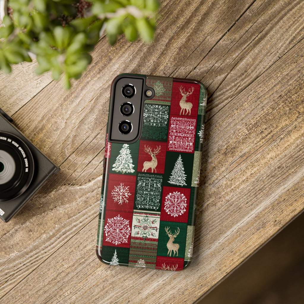 Festive Deer Pattern Phone Case — Red & Green Plaid with Snowflakes