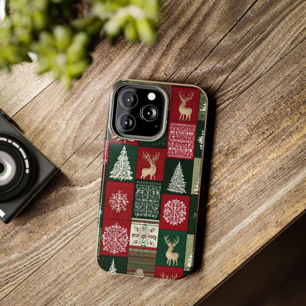 Festive Deer Pattern Phone Case — Red & Green Plaid with Snowflakes