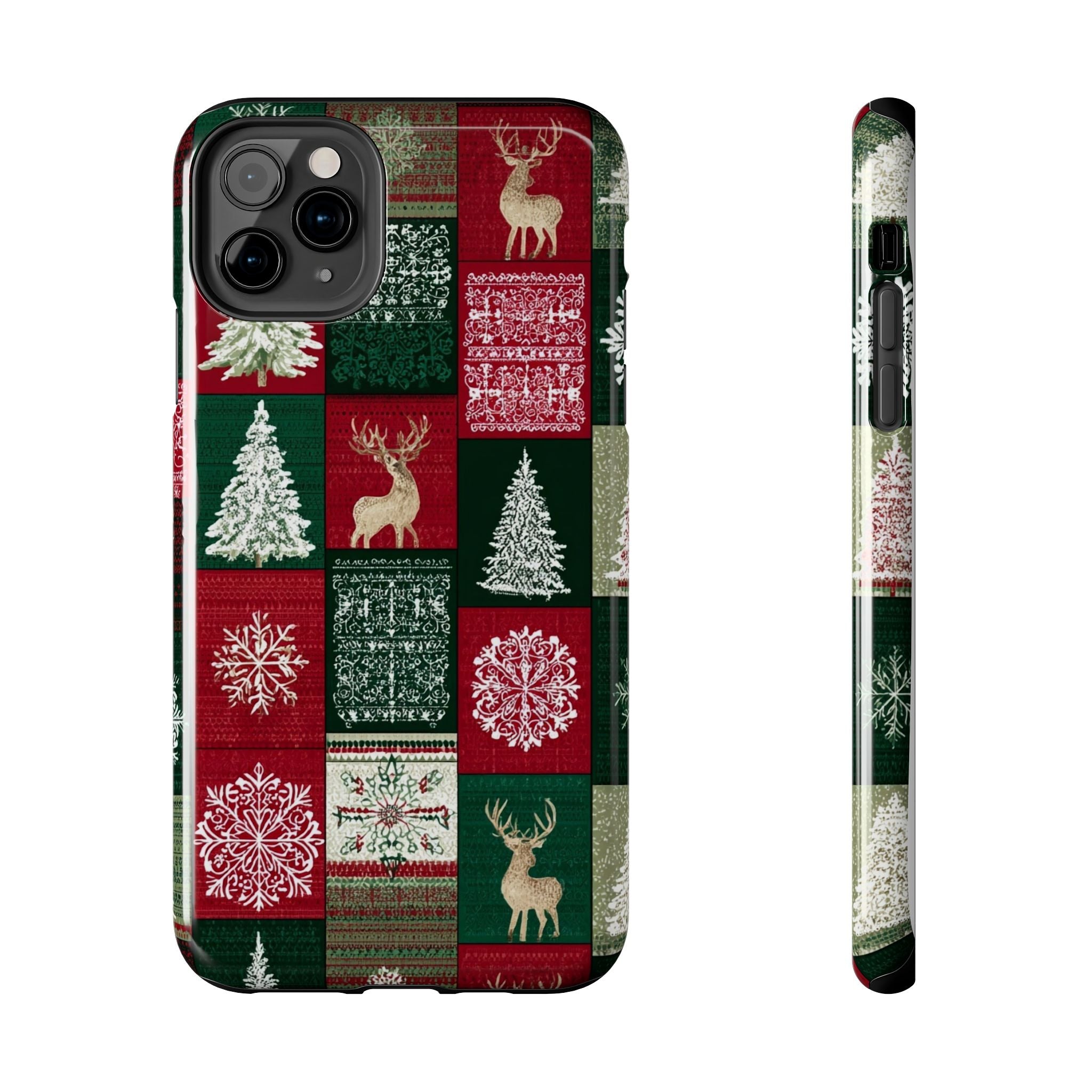 Festive Deer Pattern Phone Case — Red & Green Plaid with Snowflakes