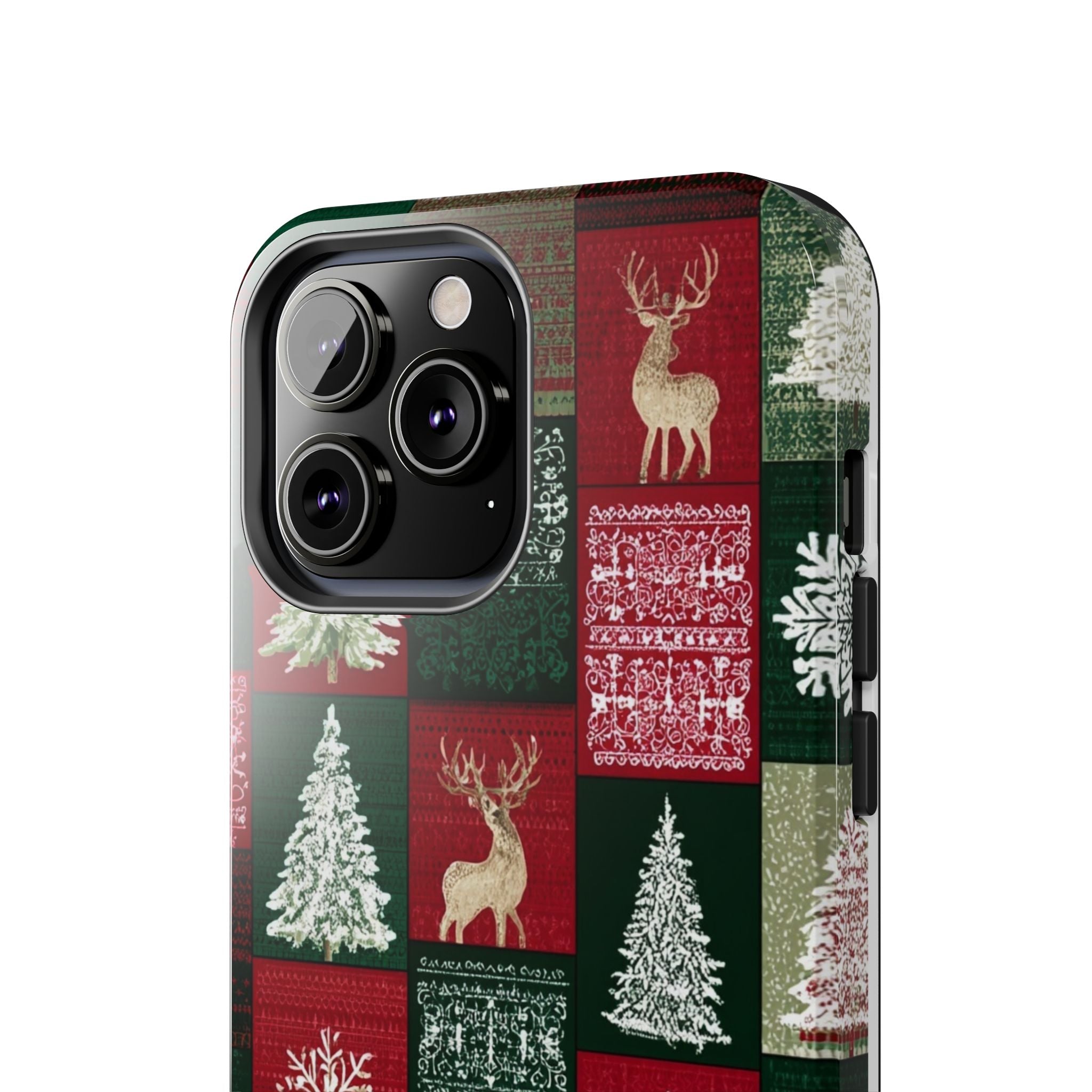 Festive Deer Pattern Phone Case — Red & Green Plaid with Snowflakes