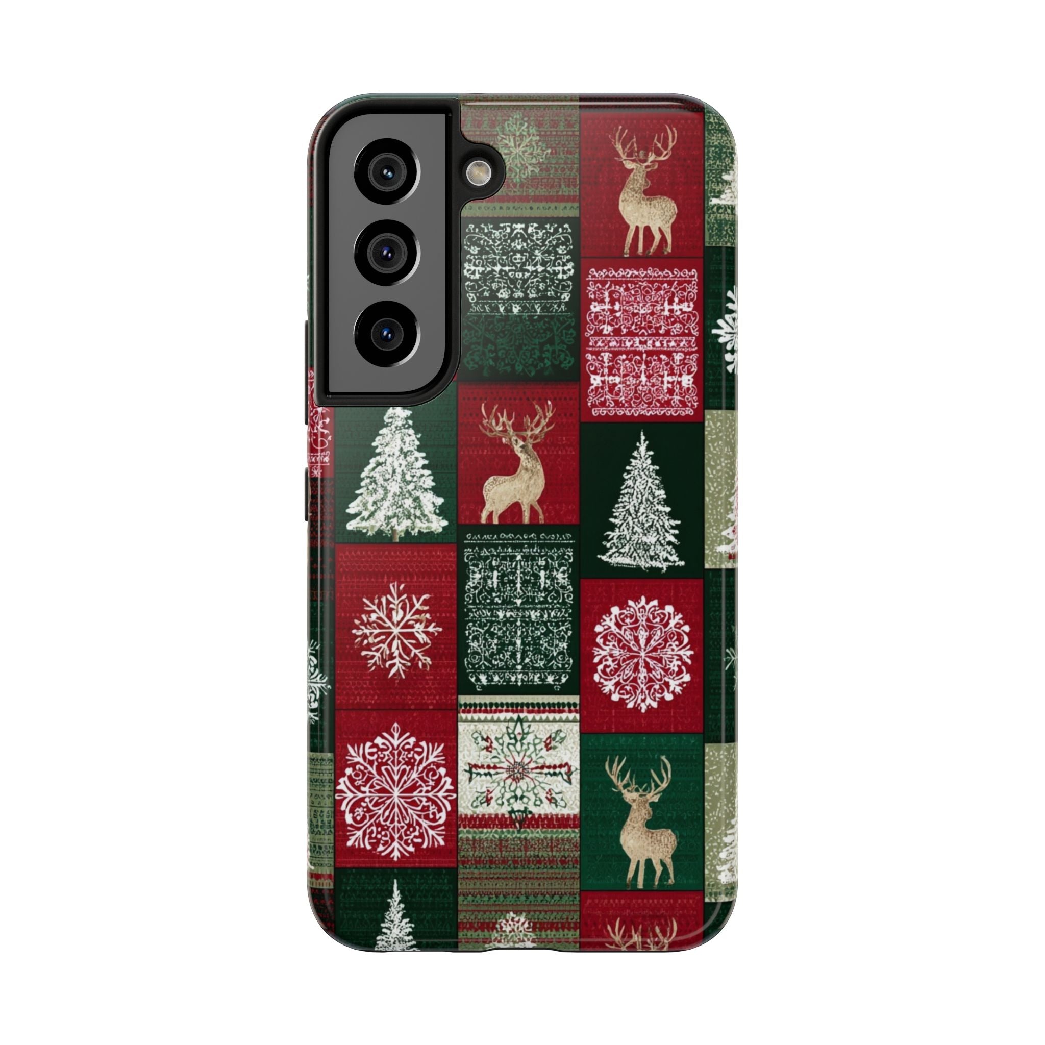 Festive Deer Pattern Phone Case — Red & Green Plaid with Snowflakes