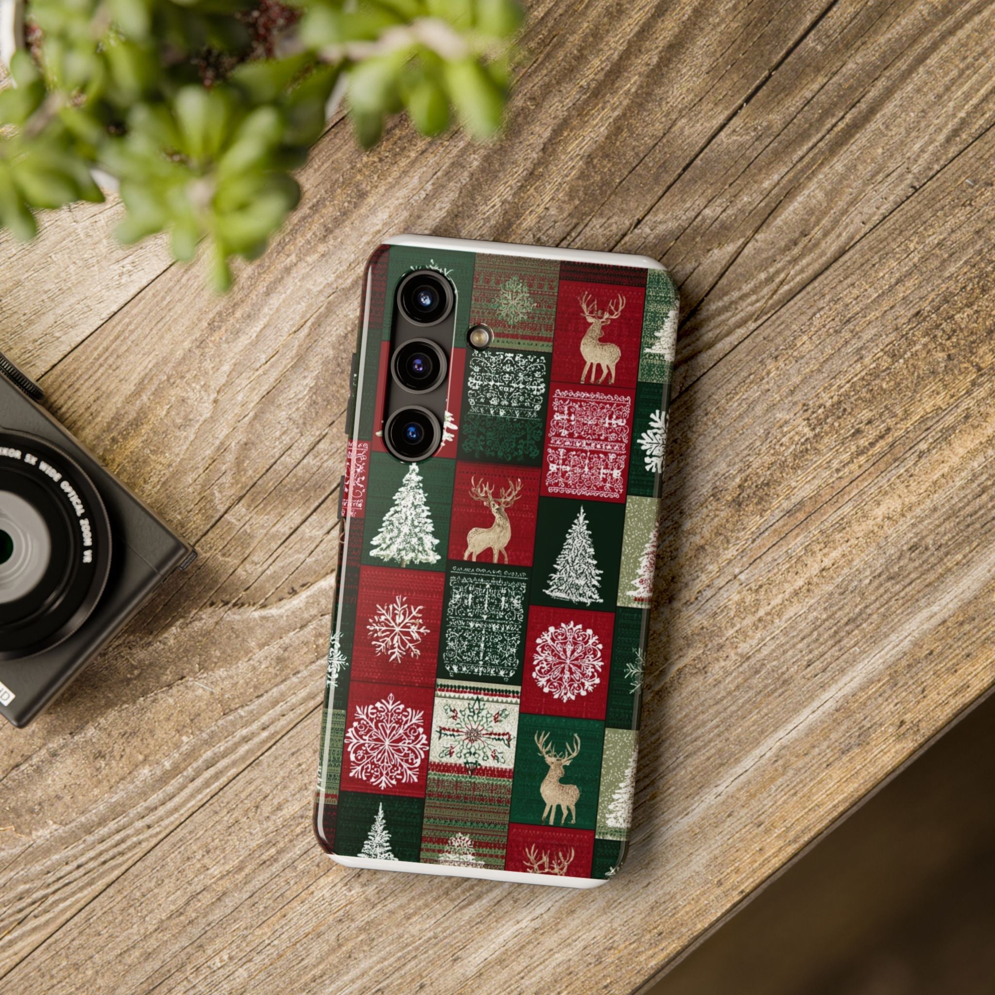 Festive Deer Pattern Phone Case — Red & Green Plaid with Snowflakes