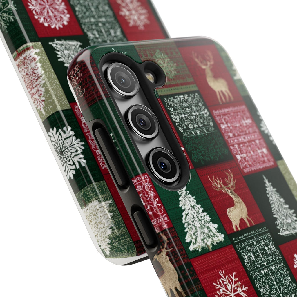 Festive Deer Pattern Phone Case — Red & Green Plaid with Snowflakes