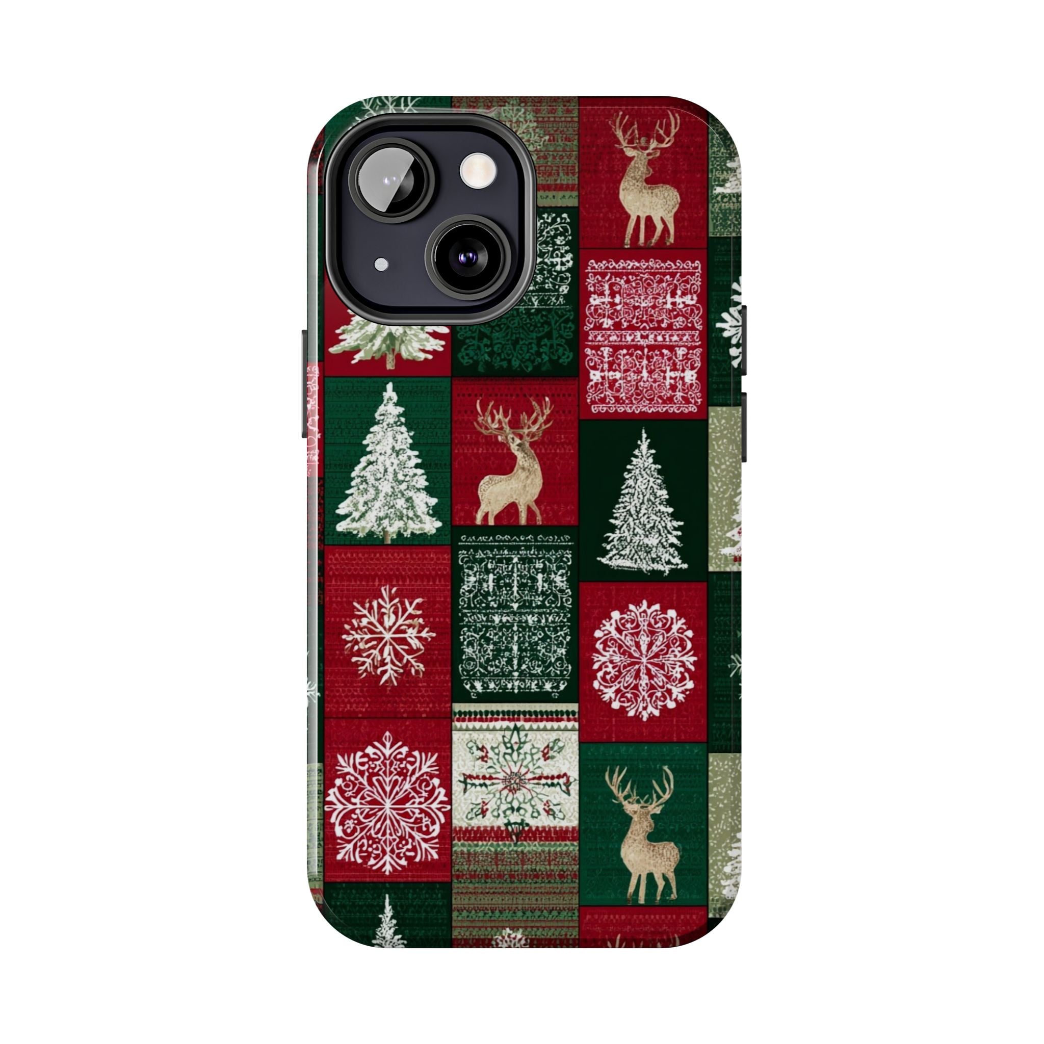 Festive Deer Pattern Phone Case — Red & Green Plaid with Snowflakes