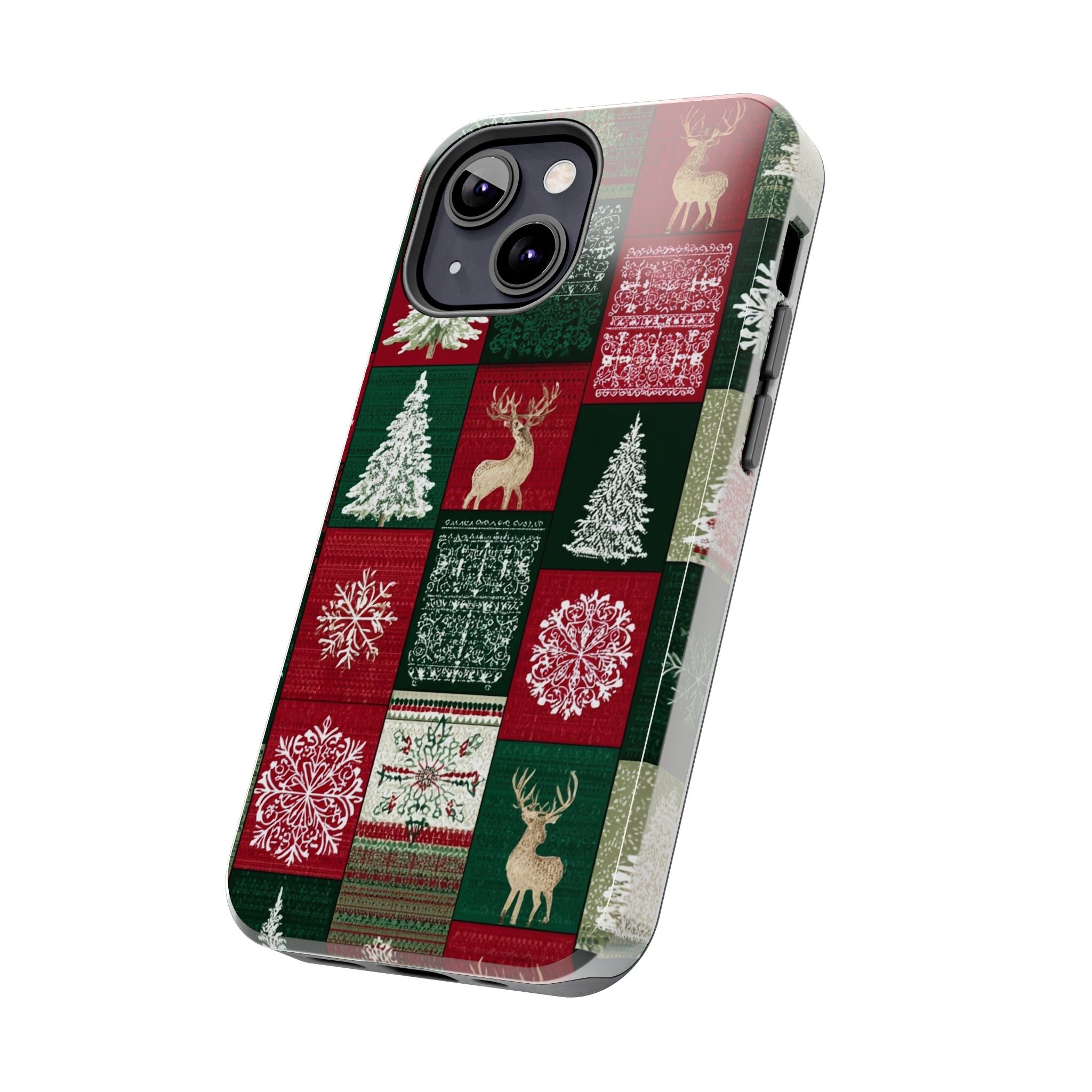 Festive Deer Pattern Phone Case — Red & Green Plaid with Snowflakes