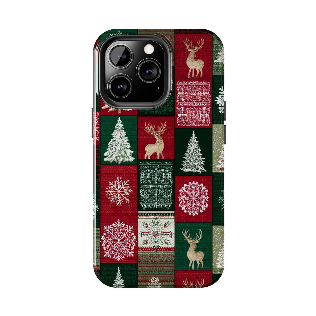 Festive Deer Pattern Phone Case — Red & Green Plaid with Snowflakes