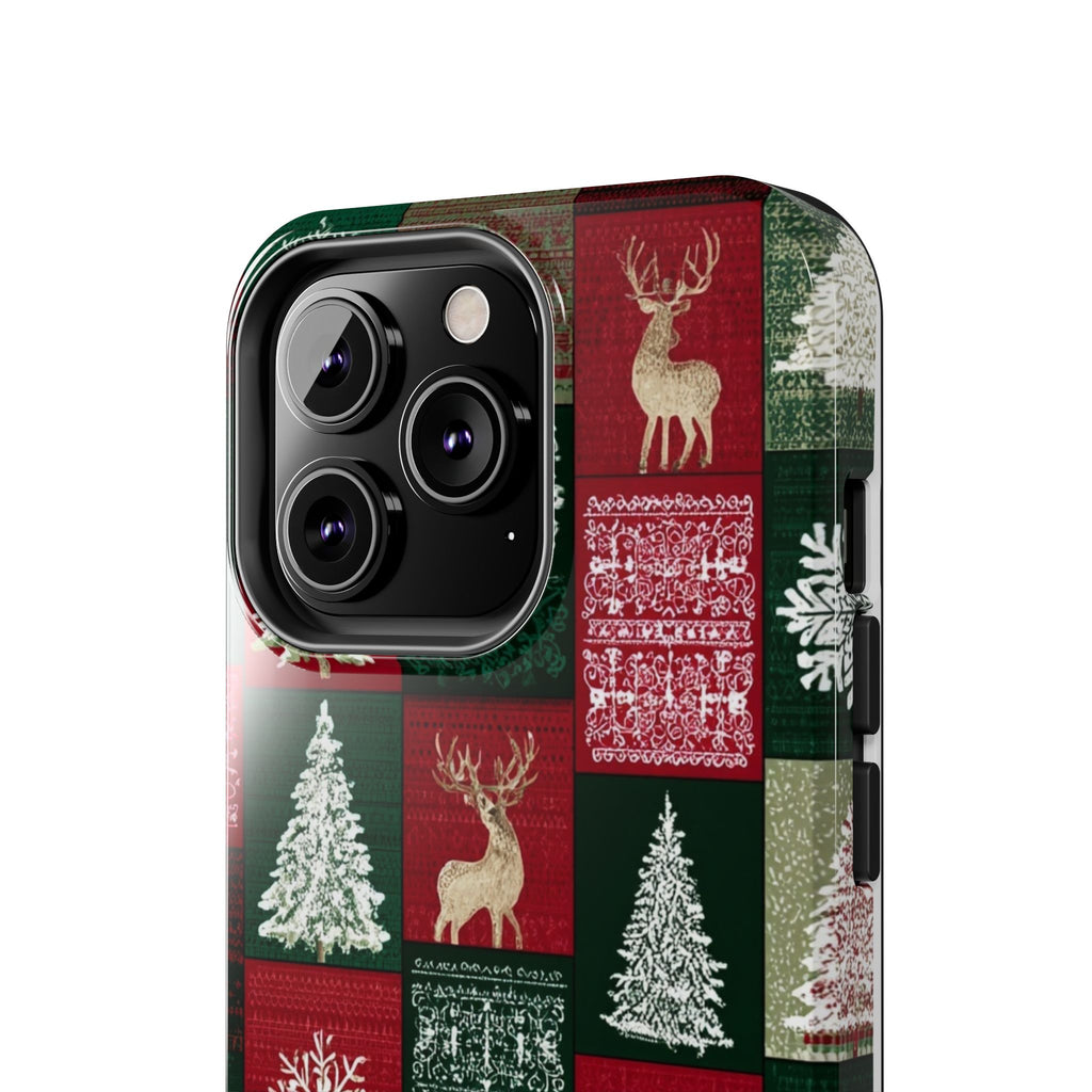 Festive Deer Pattern Phone Case — Red & Green Plaid with Snowflakes