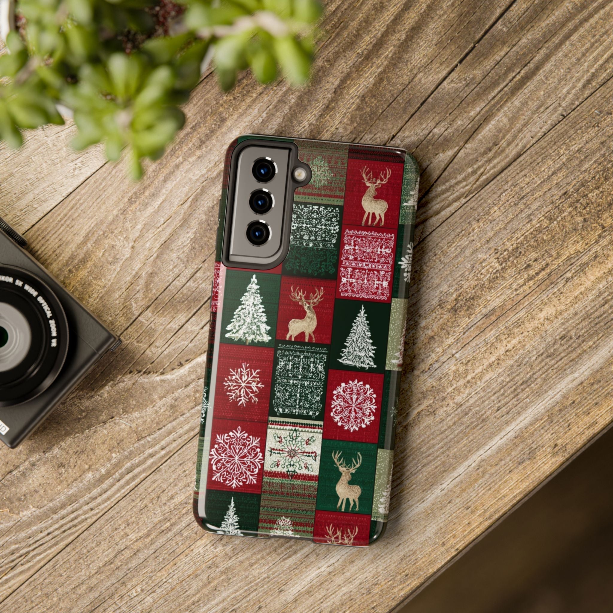 Festive Deer Pattern Phone Case — Red & Green Plaid with Snowflakes