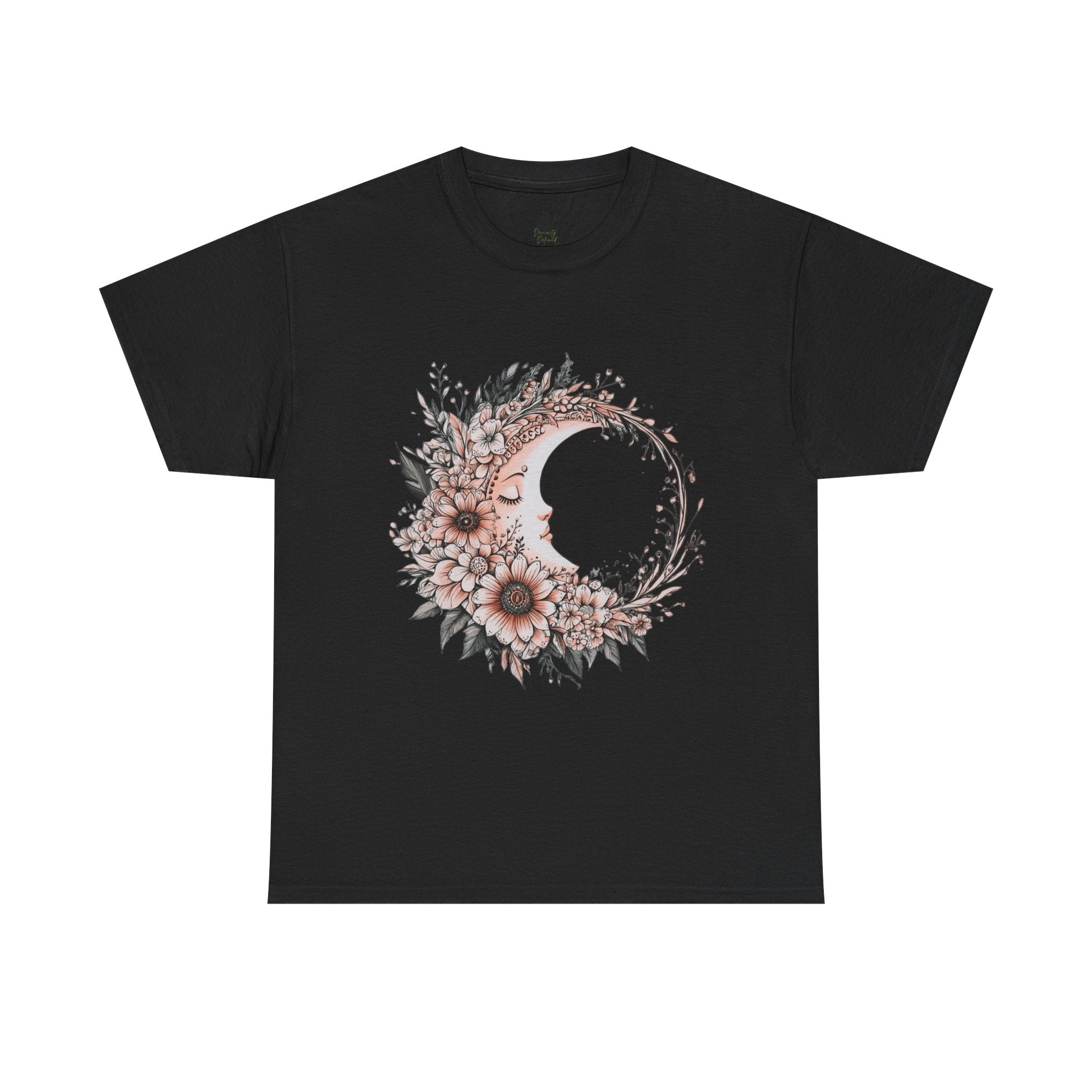 Boho Moon Floral Tee — Pink Moon with Flowers & Leaves
