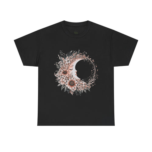 Boho Moon Floral Tee — Pink Moon with Flowers & Leaves