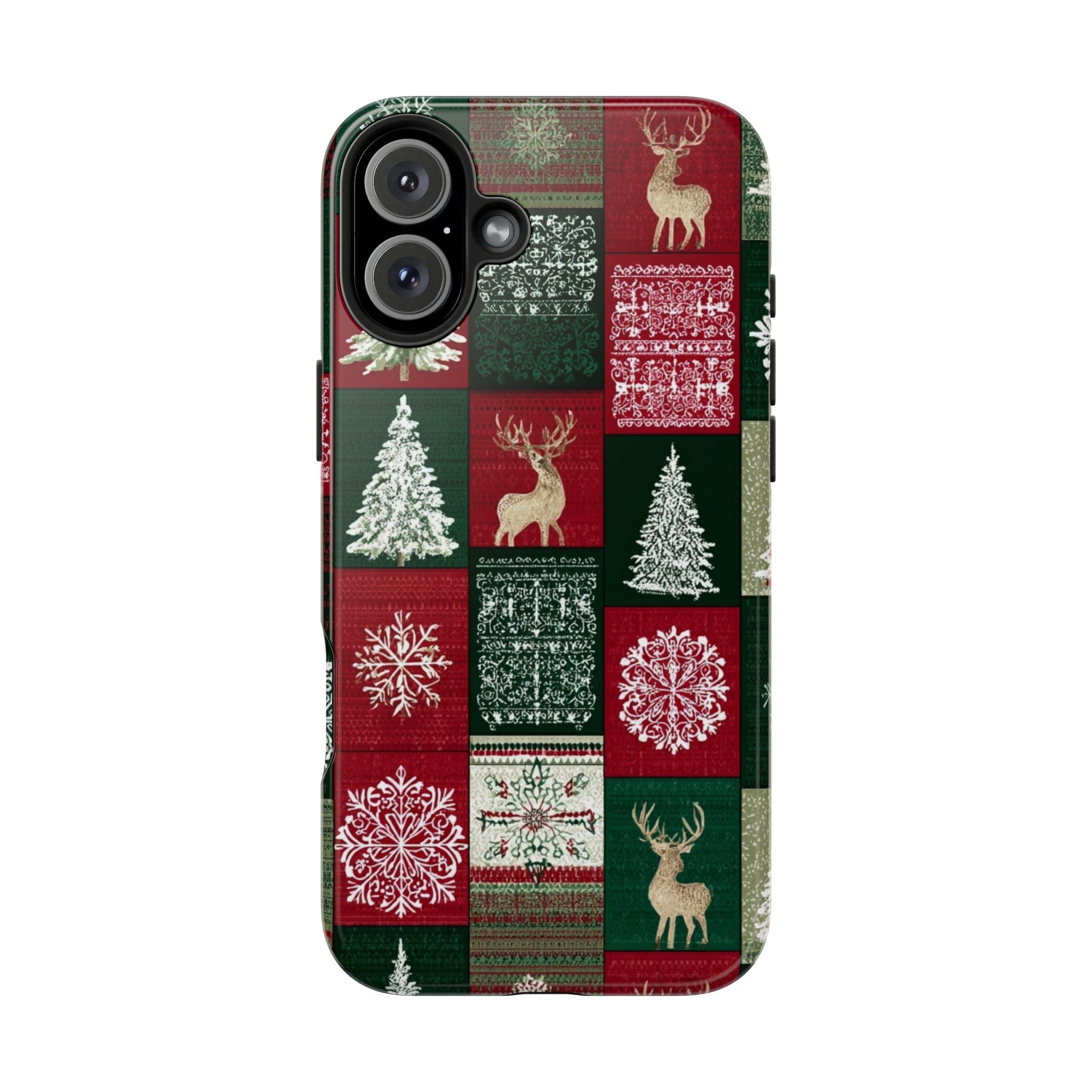 Festive Deer Pattern Phone Case — Red & Green Plaid with Snowflakes
