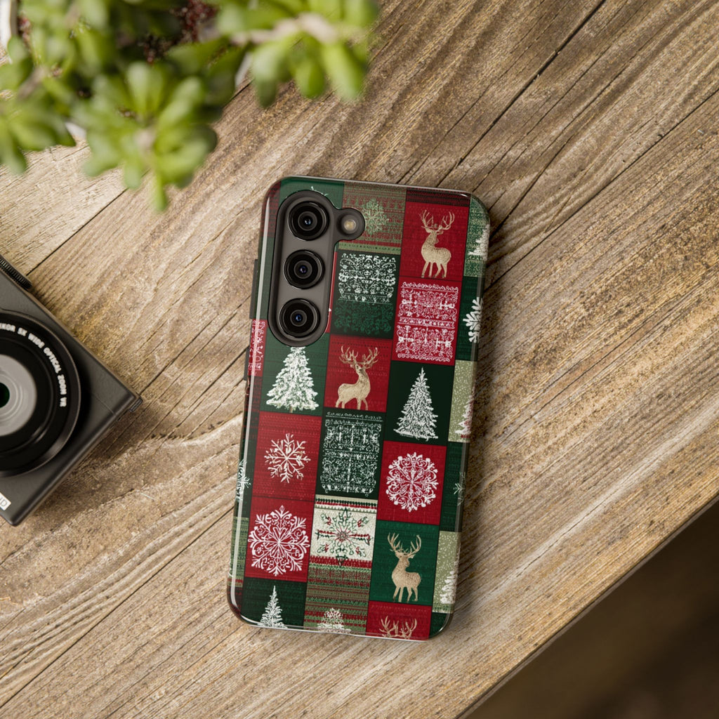 Festive Deer Pattern Phone Case — Red & Green Plaid with Snowflakes