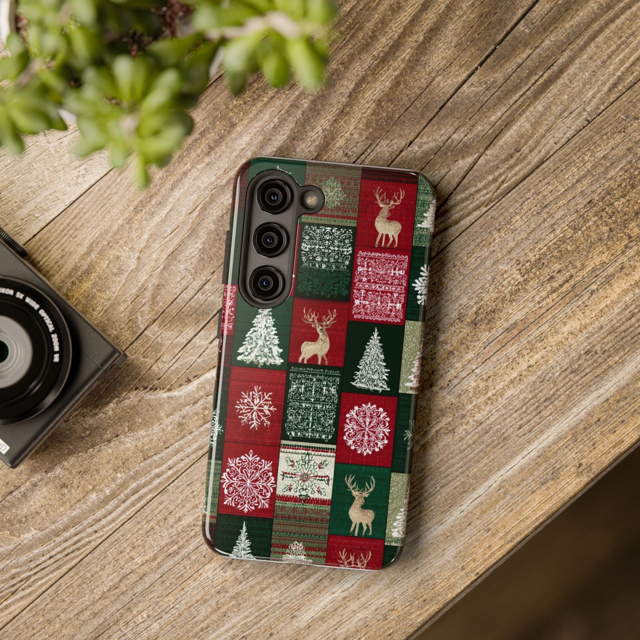 Festive Deer Pattern Phone Case — Red & Green Plaid with Snowflakes