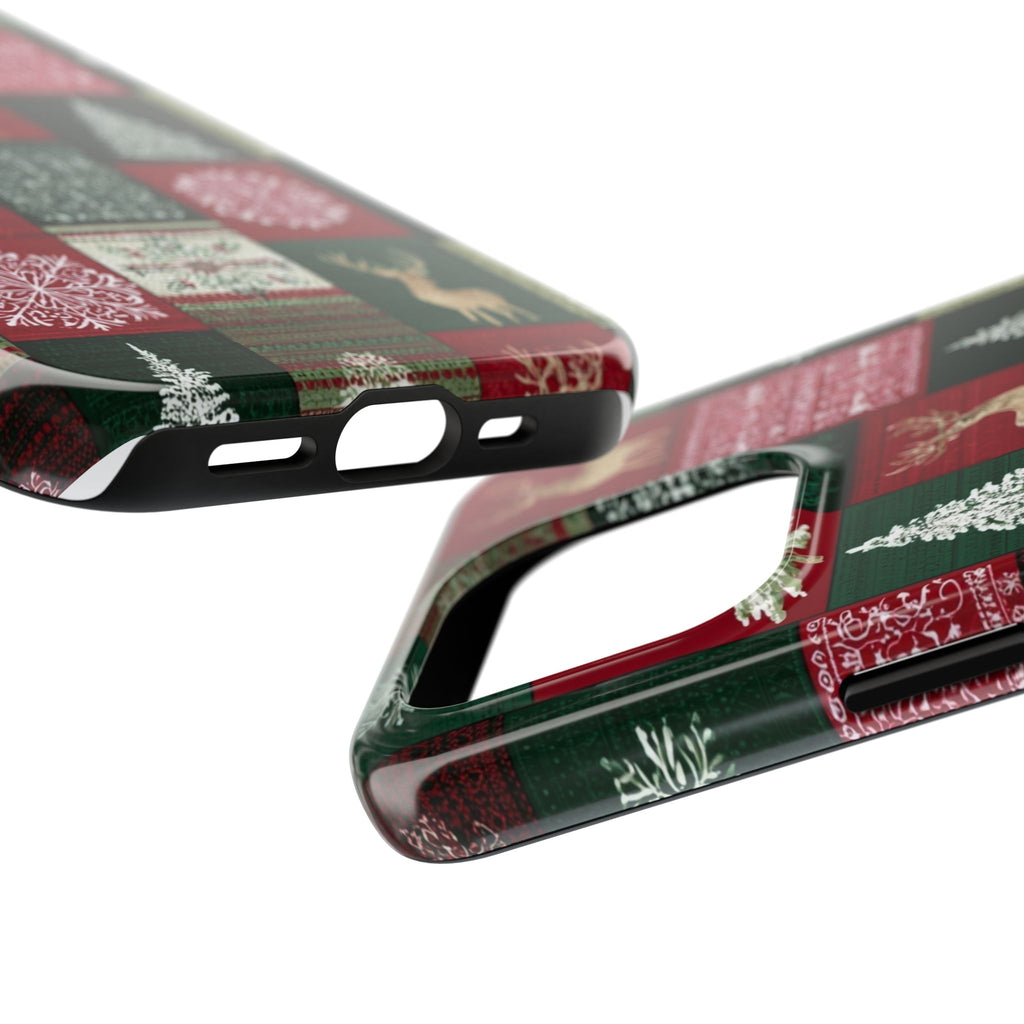 Festive Deer Pattern Phone Case — Red & Green Plaid with Snowflakes