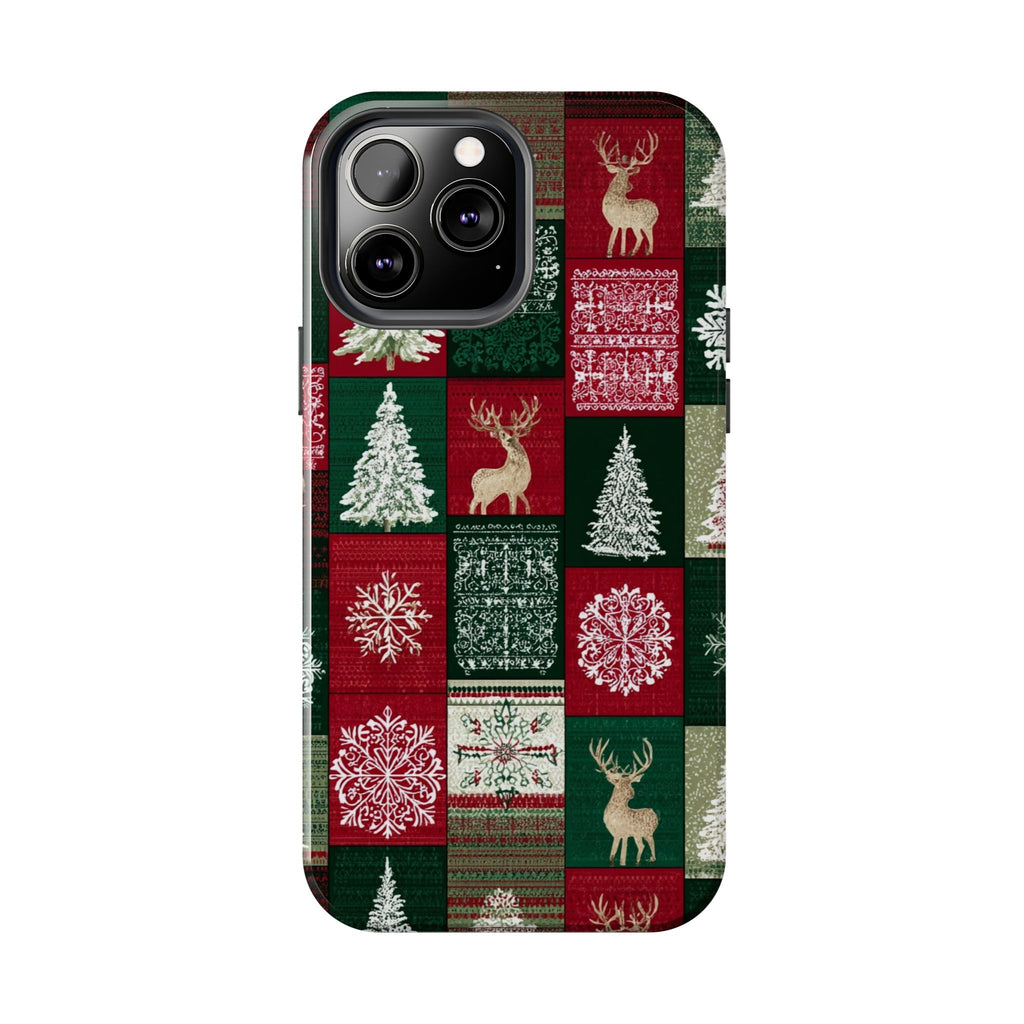 Festive Deer Pattern Phone Case — Red & Green Plaid with Snowflakes