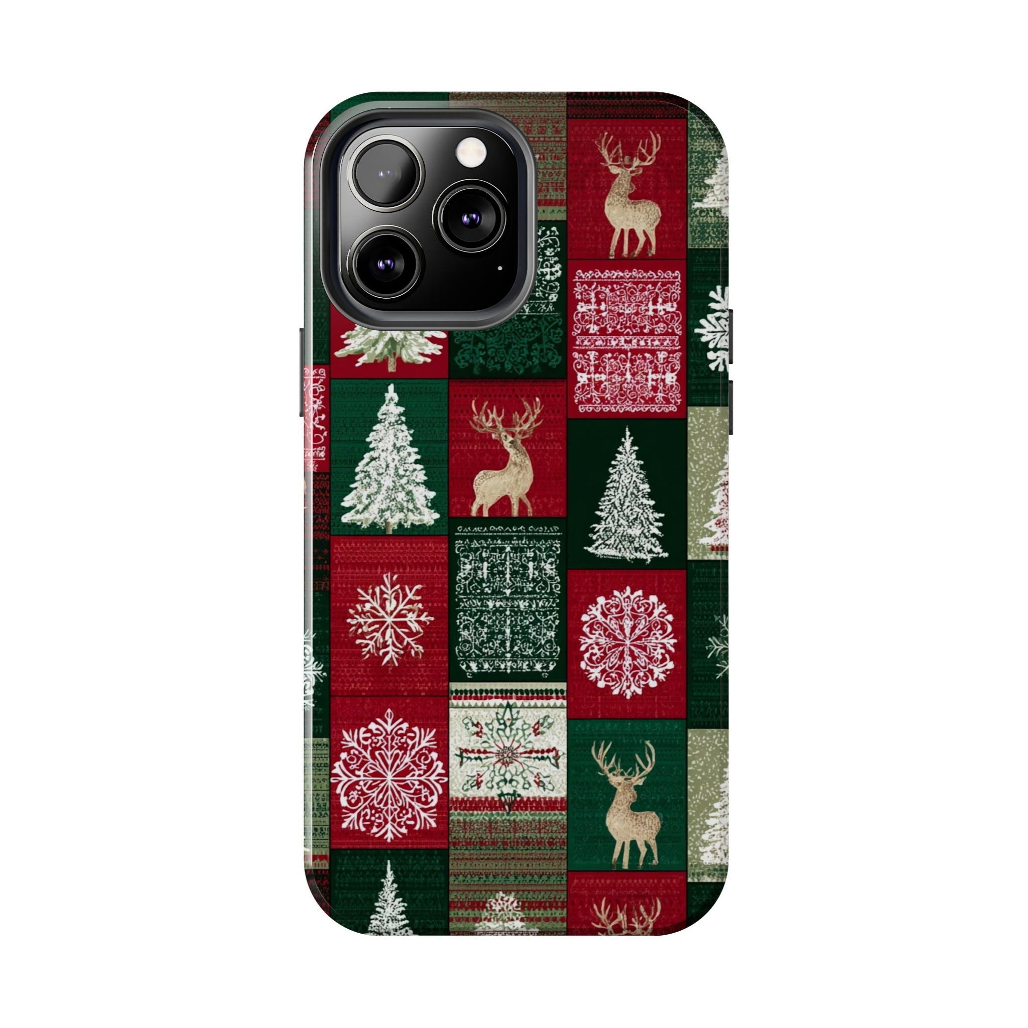 Festive Deer Pattern Phone Case — Red & Green Plaid with Snowflakes