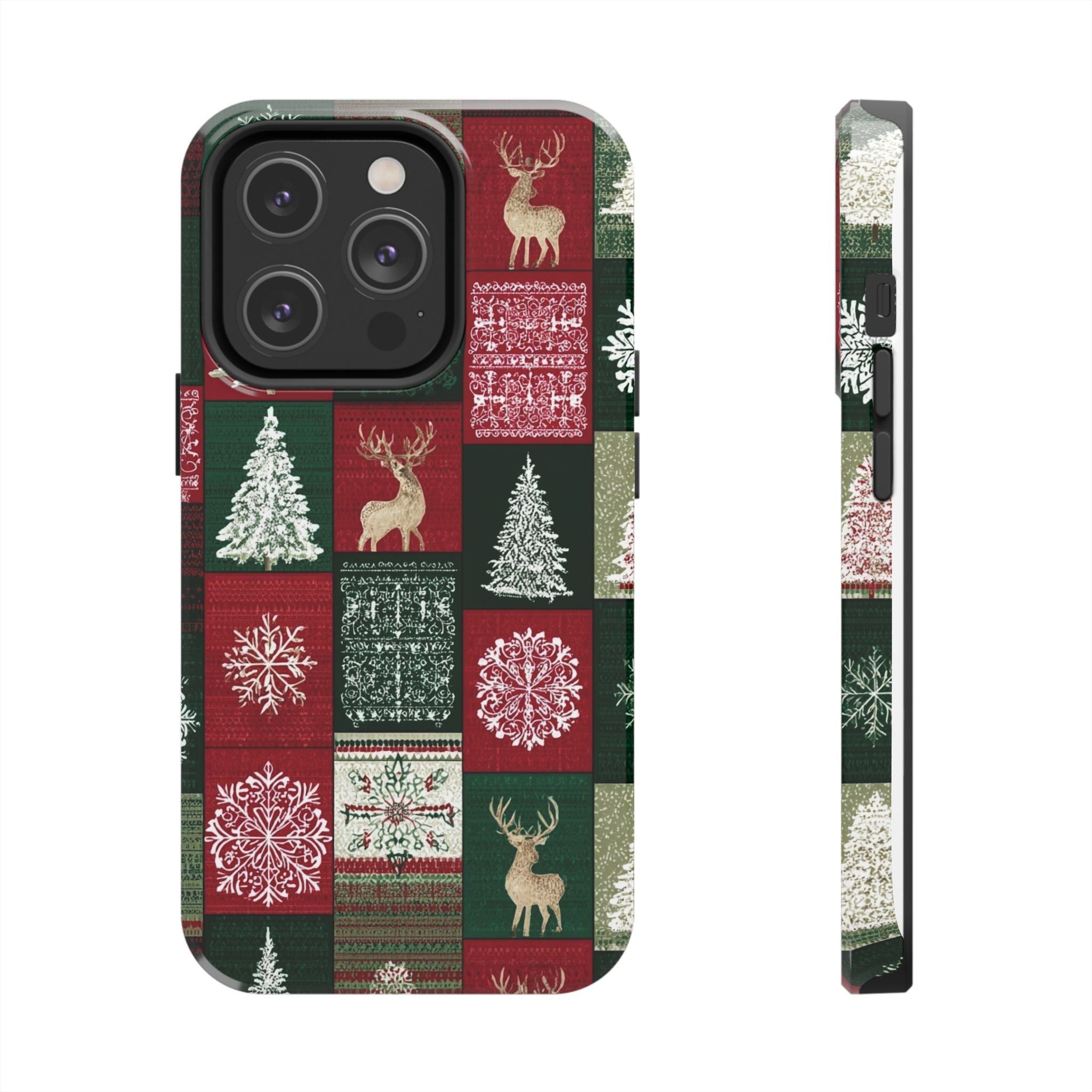 Festive Deer Pattern Phone Case — Red & Green Plaid with Snowflakes