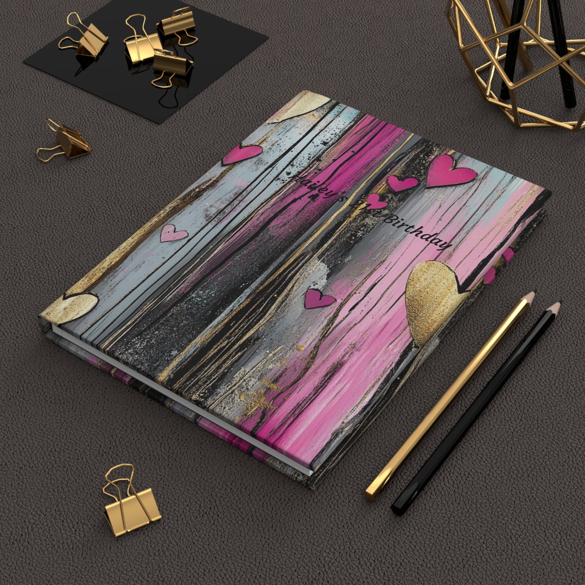 Pink Gold Heart Hardcover Journal — Birthday Gift Notebook