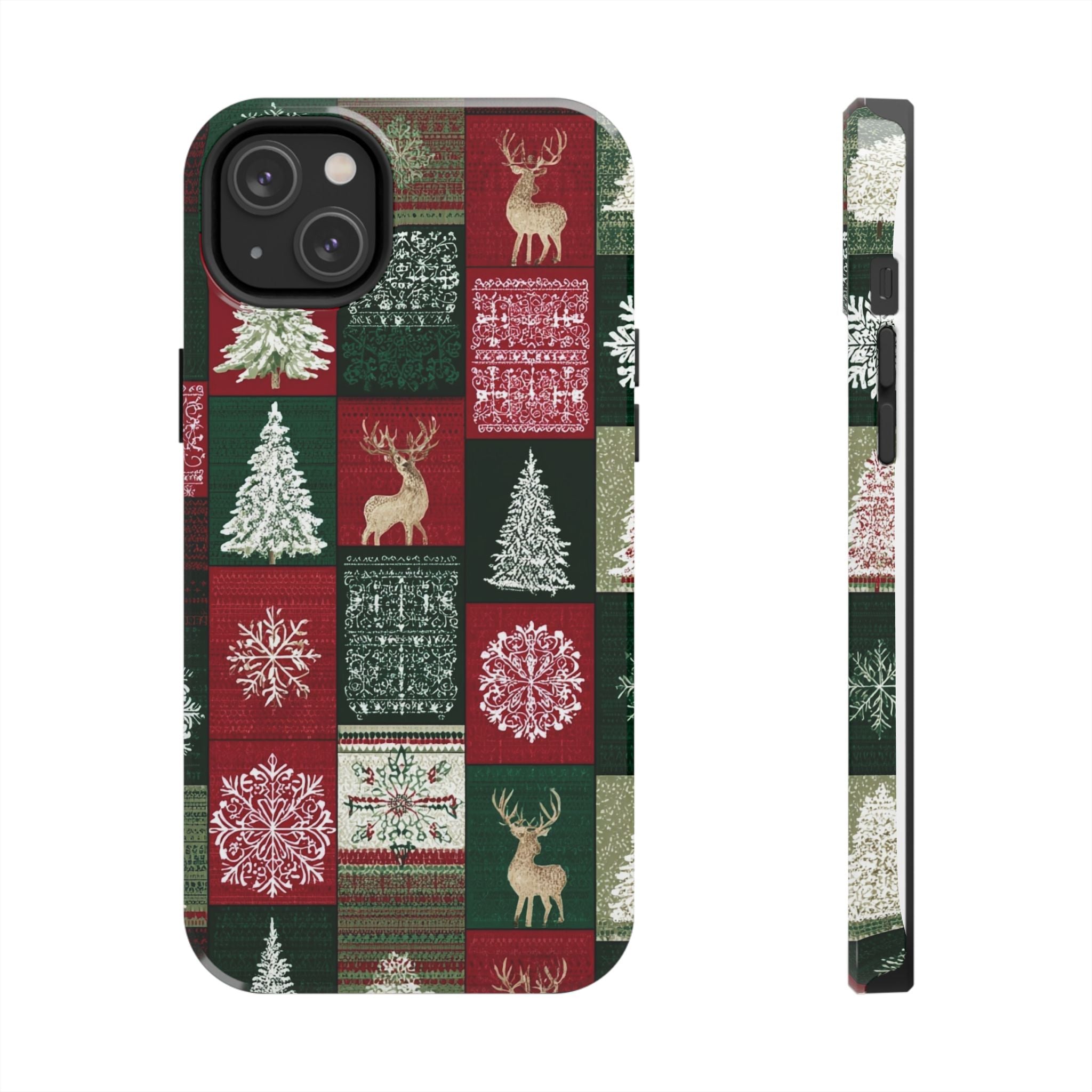 Festive Deer Pattern Phone Case — Red & Green Plaid with Snowflakes