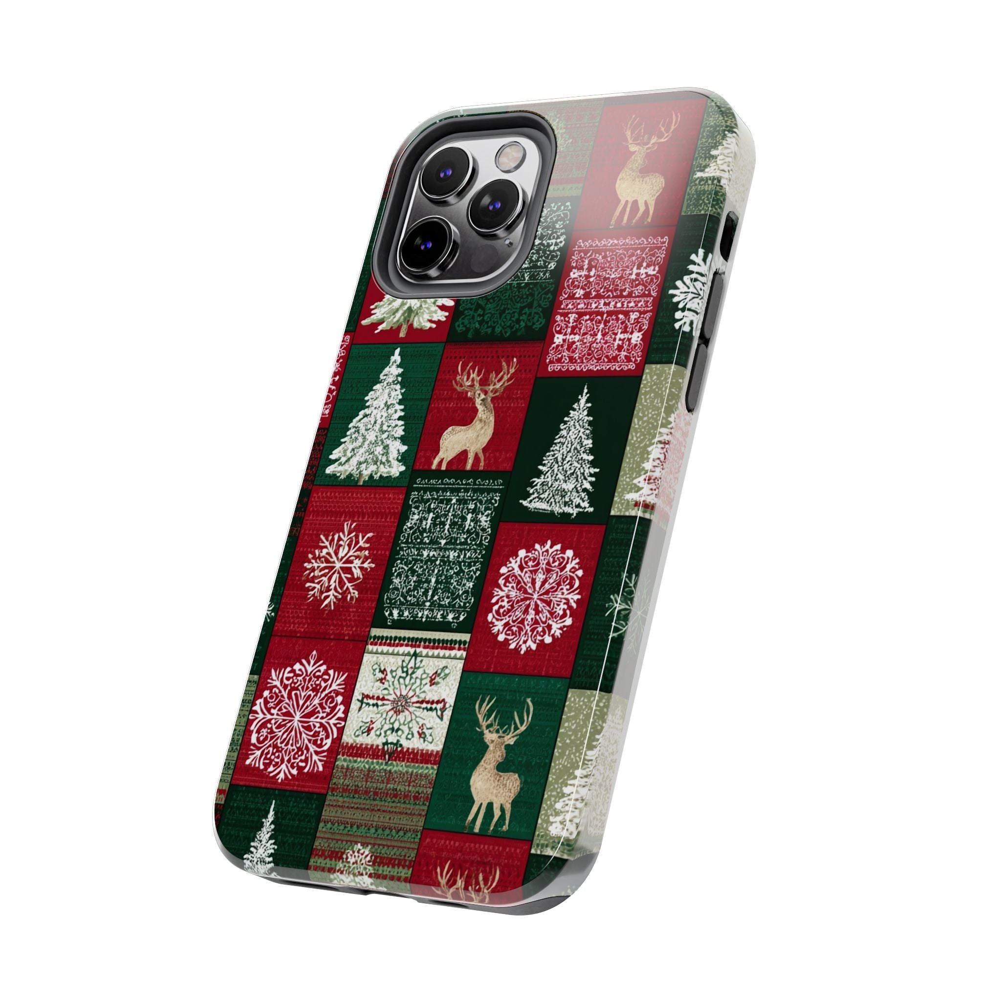 Festive Deer Pattern Phone Case — Red & Green Plaid with Snowflakes